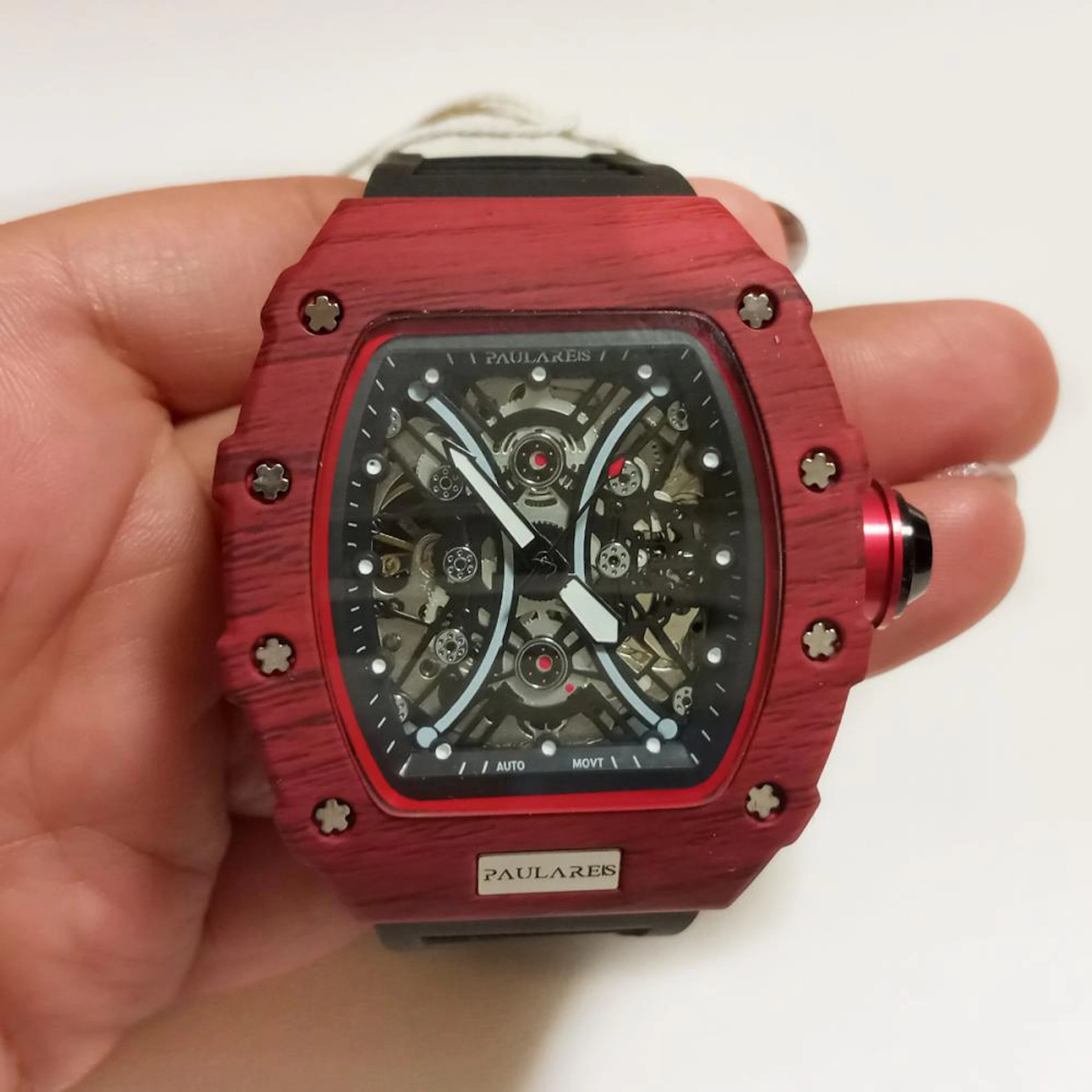 Black and red Tonneau Skeleton Mens Automatic watch with black rubber band