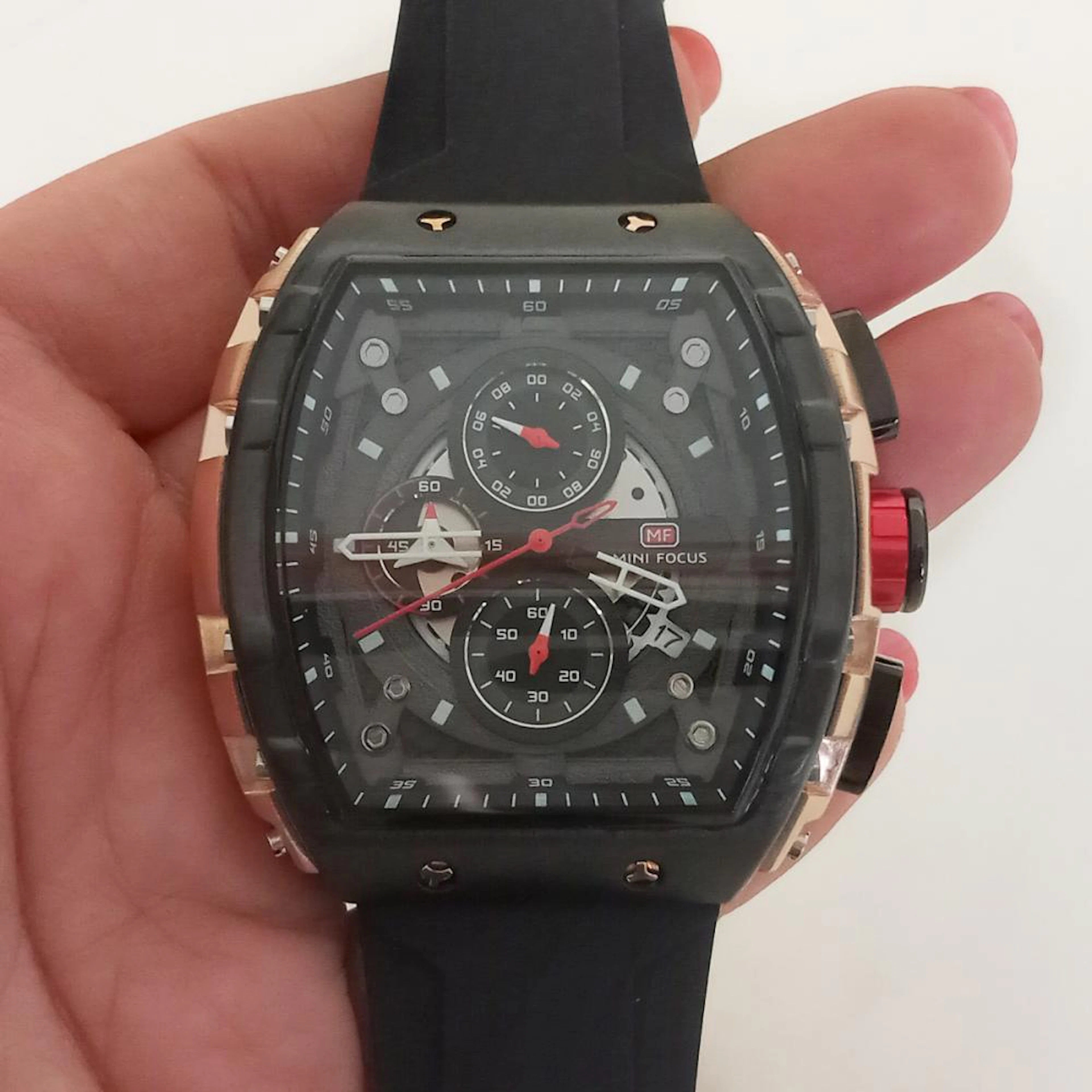 Black and rose gold tone chronograph Quartz Mens watch with black silicone band