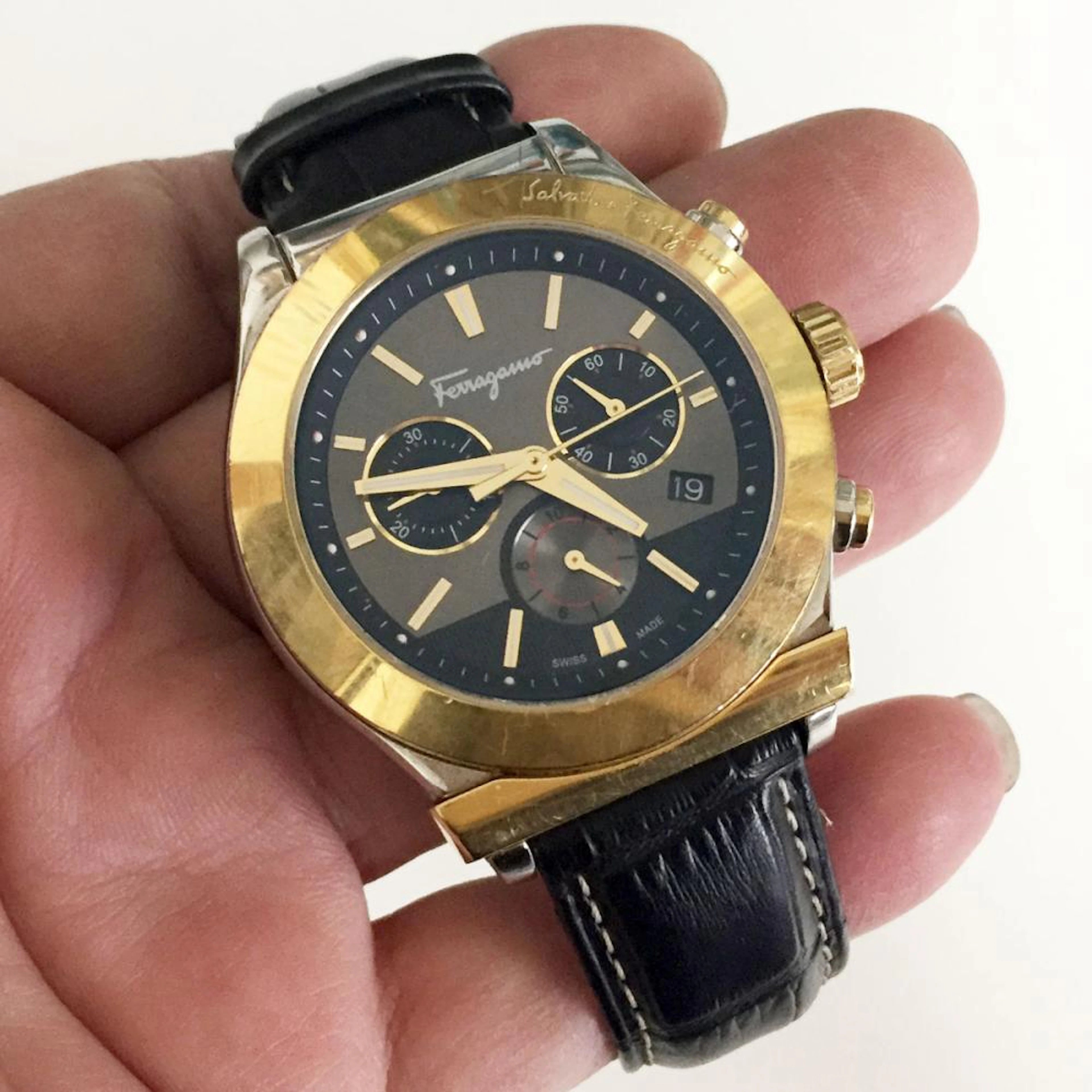SALVATORE FERRAGAMO Firenze Chronograph stainless steel leather mens watch 1898