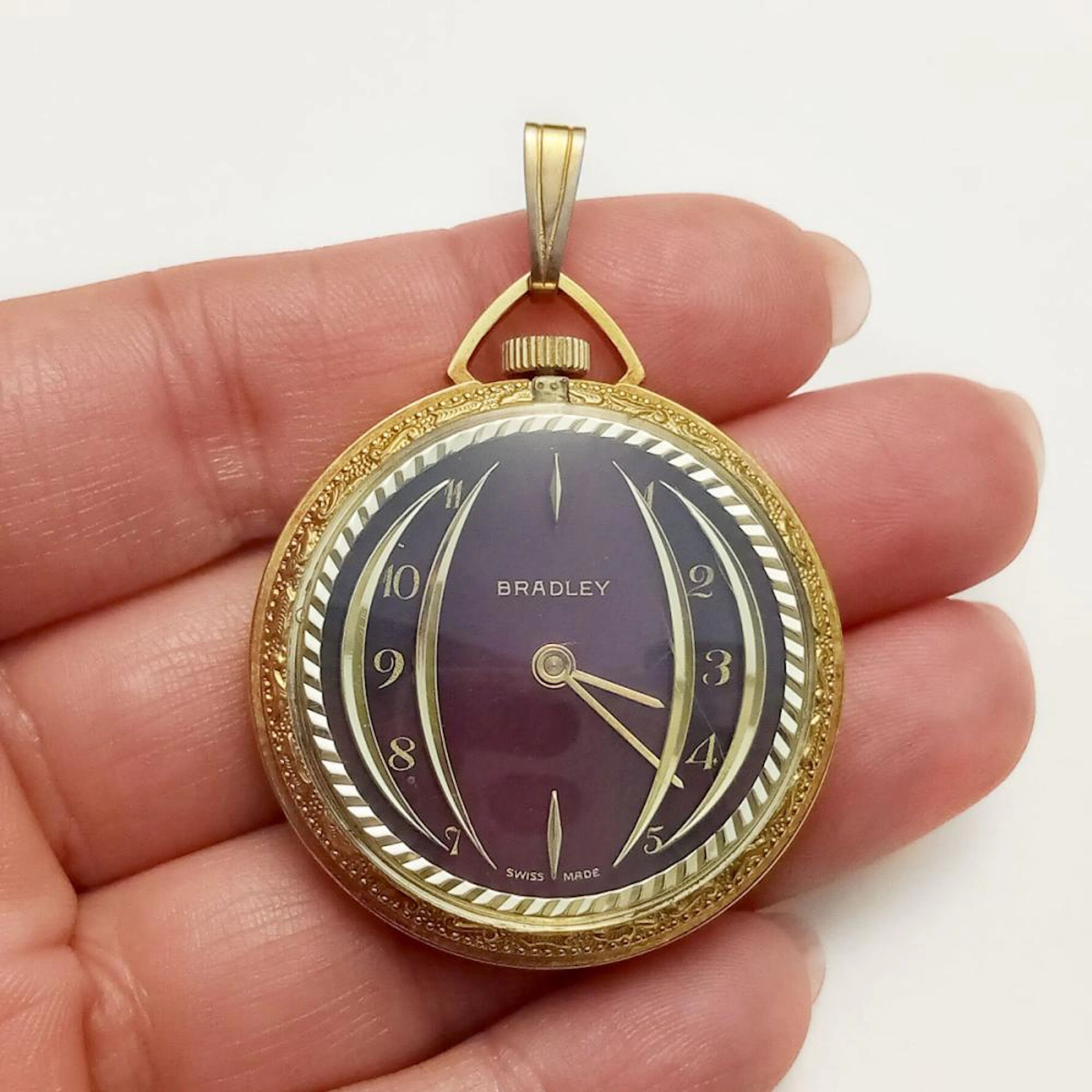 BRADLEY: Vintage gold tone textured finish round shape pocket watch, Swiss made
