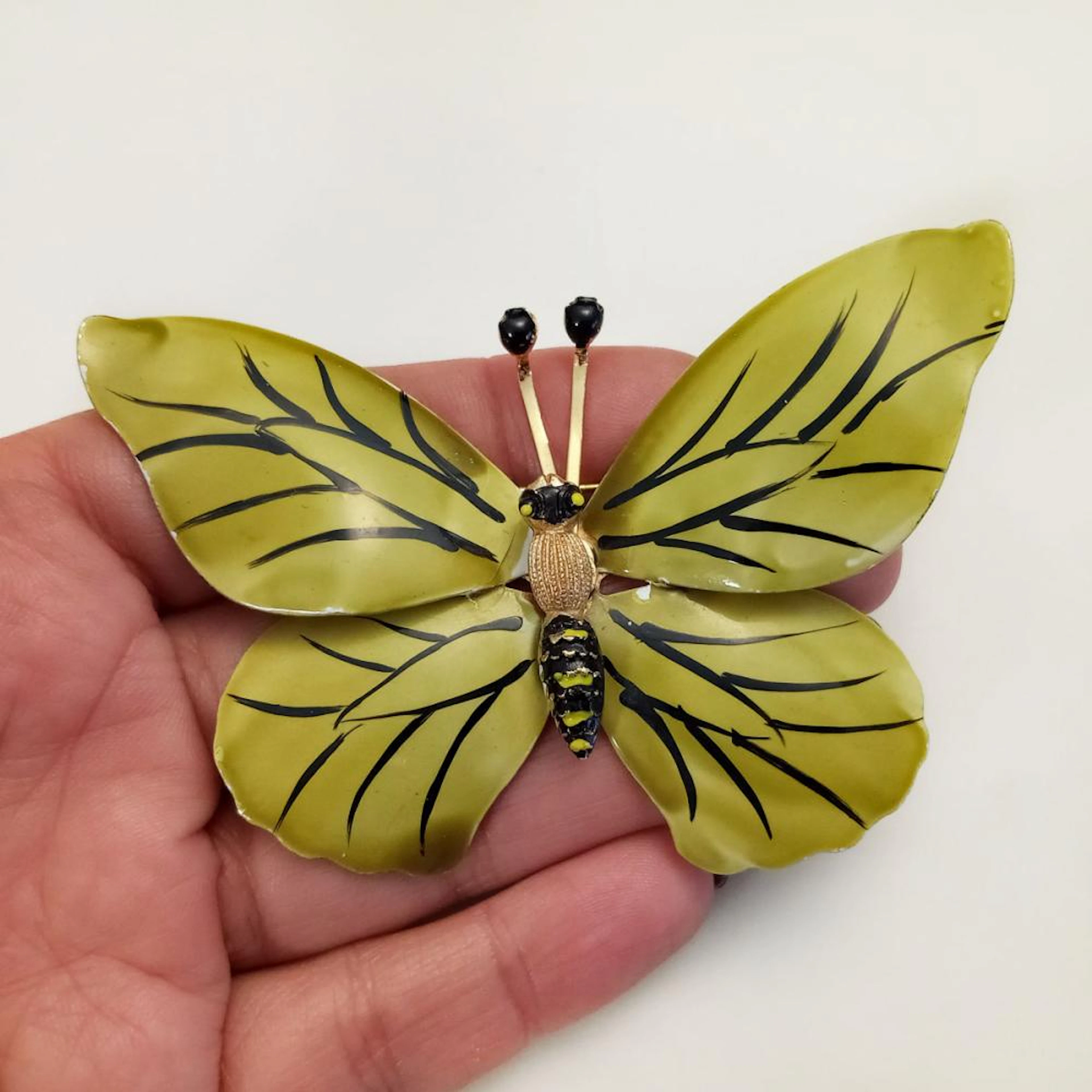 Vintage gold tone painted green chartreuse butterfly brooch