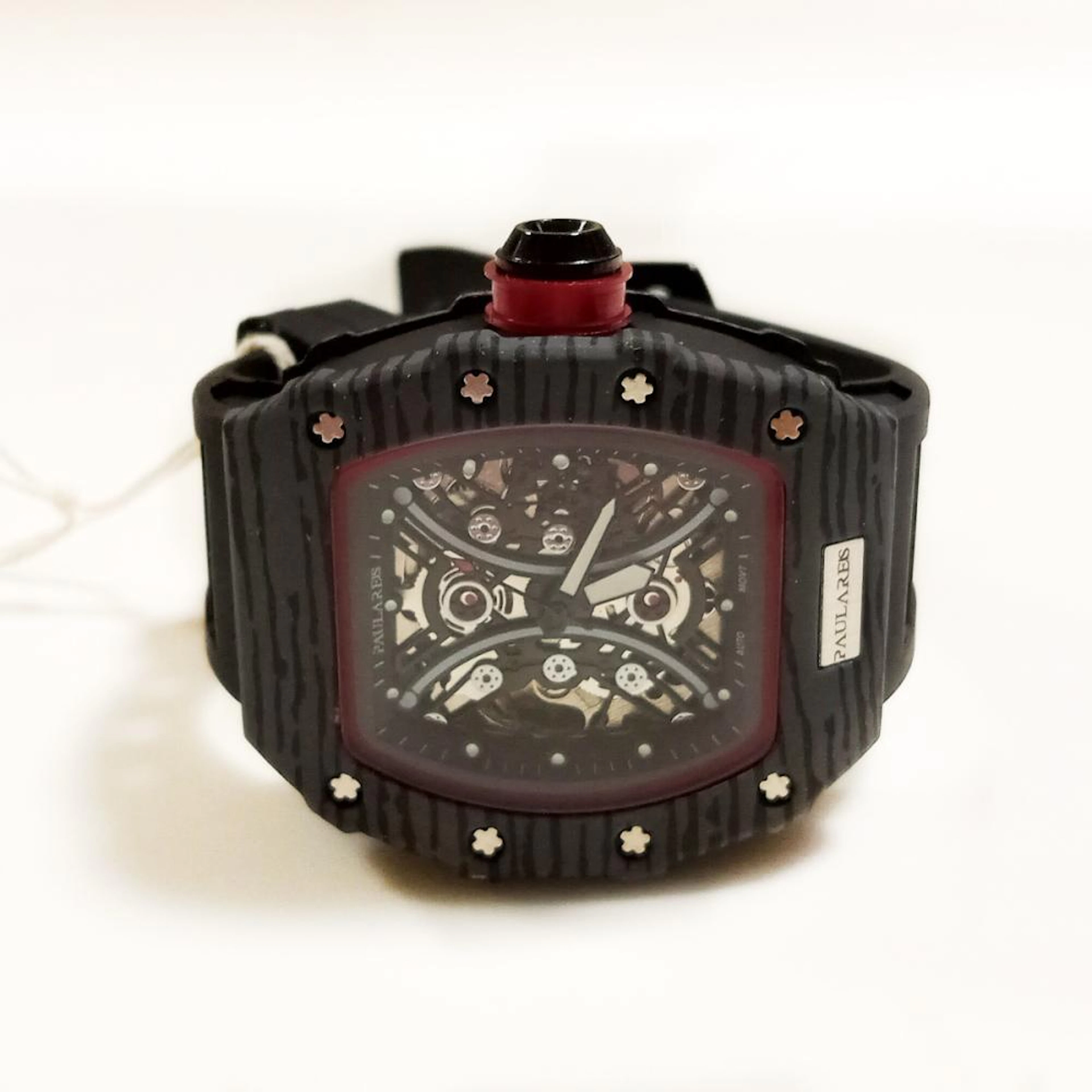 Black and gray Tonneau Skeleton Mens Automatic watch with black rubber band