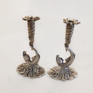 Pair of vintage .800 silver textured finish Fish candleholders