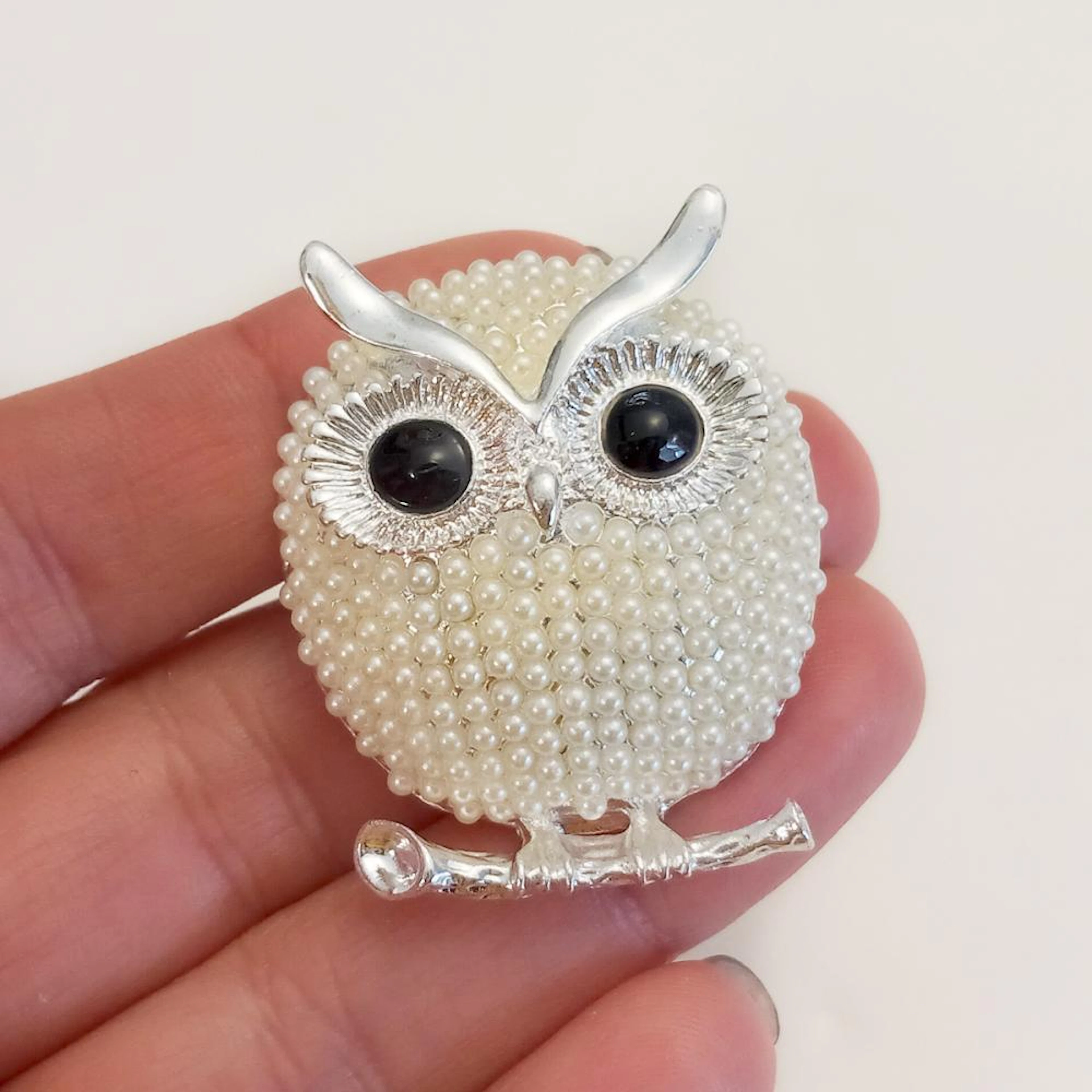 Silver tone white faux tiny pearls, black enamel Owl bird brooch pendant