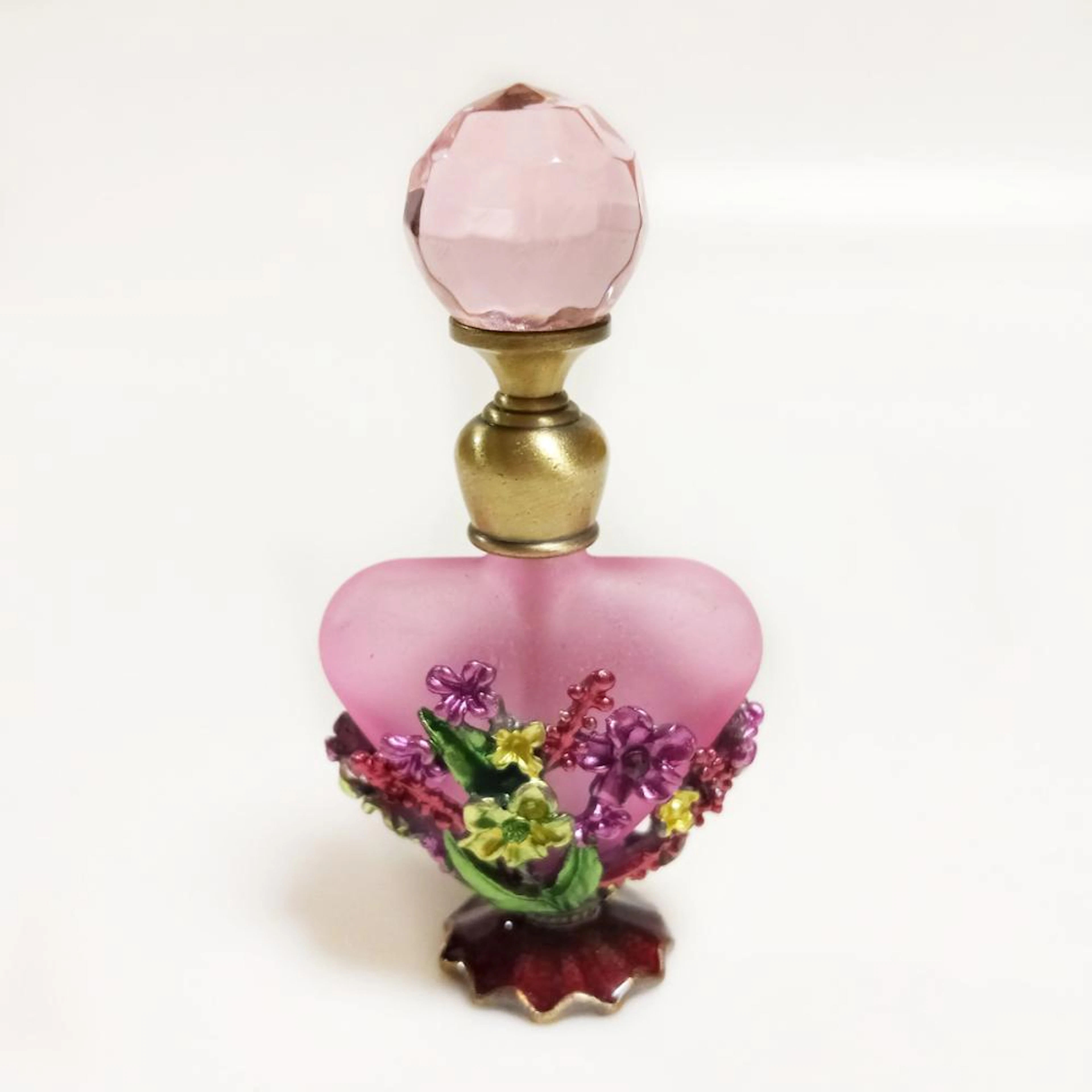 Bronze tone pink, green enamel, rhinestones perfume, oil bottle