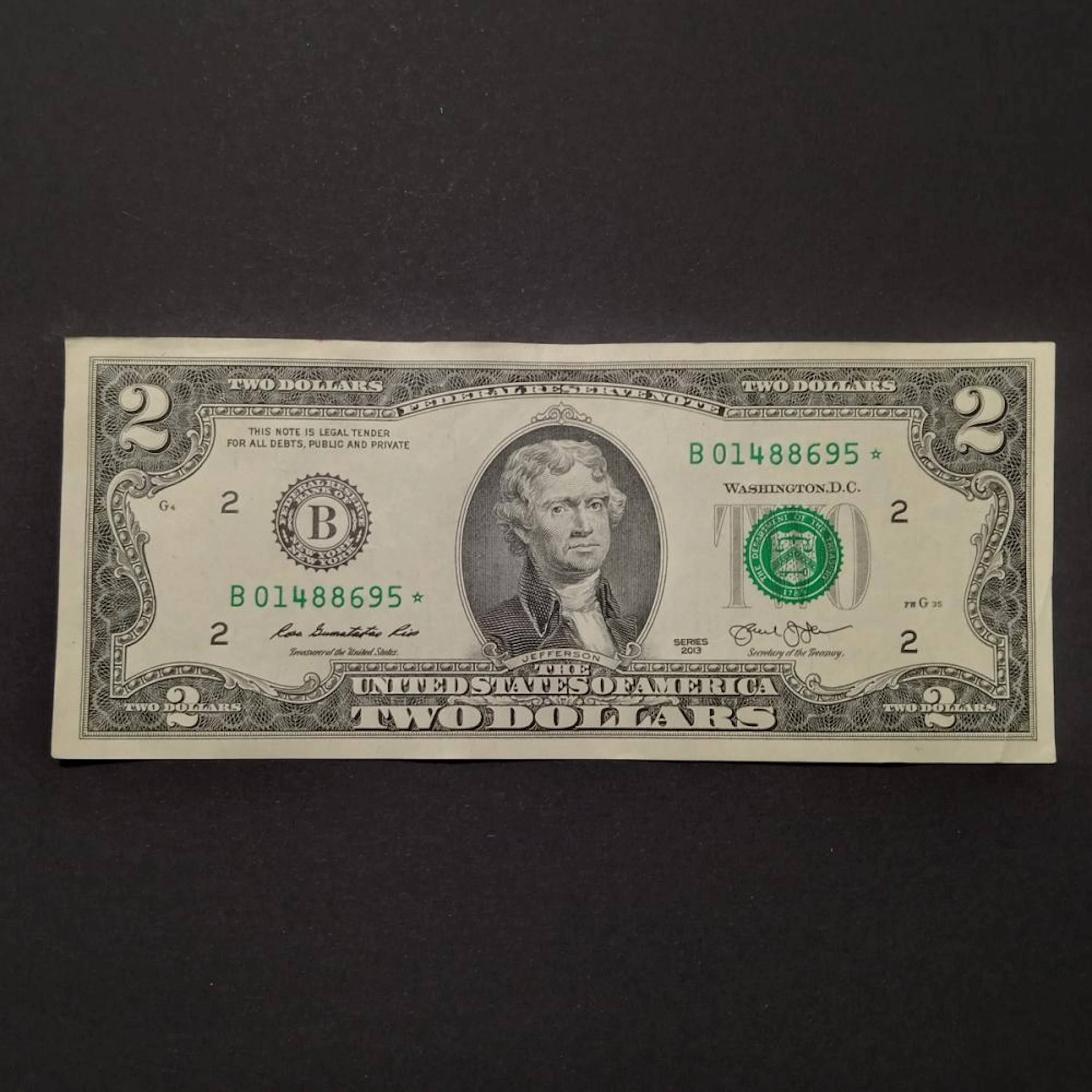 Collectible 2013 US $2 Two dollars bill note with Star