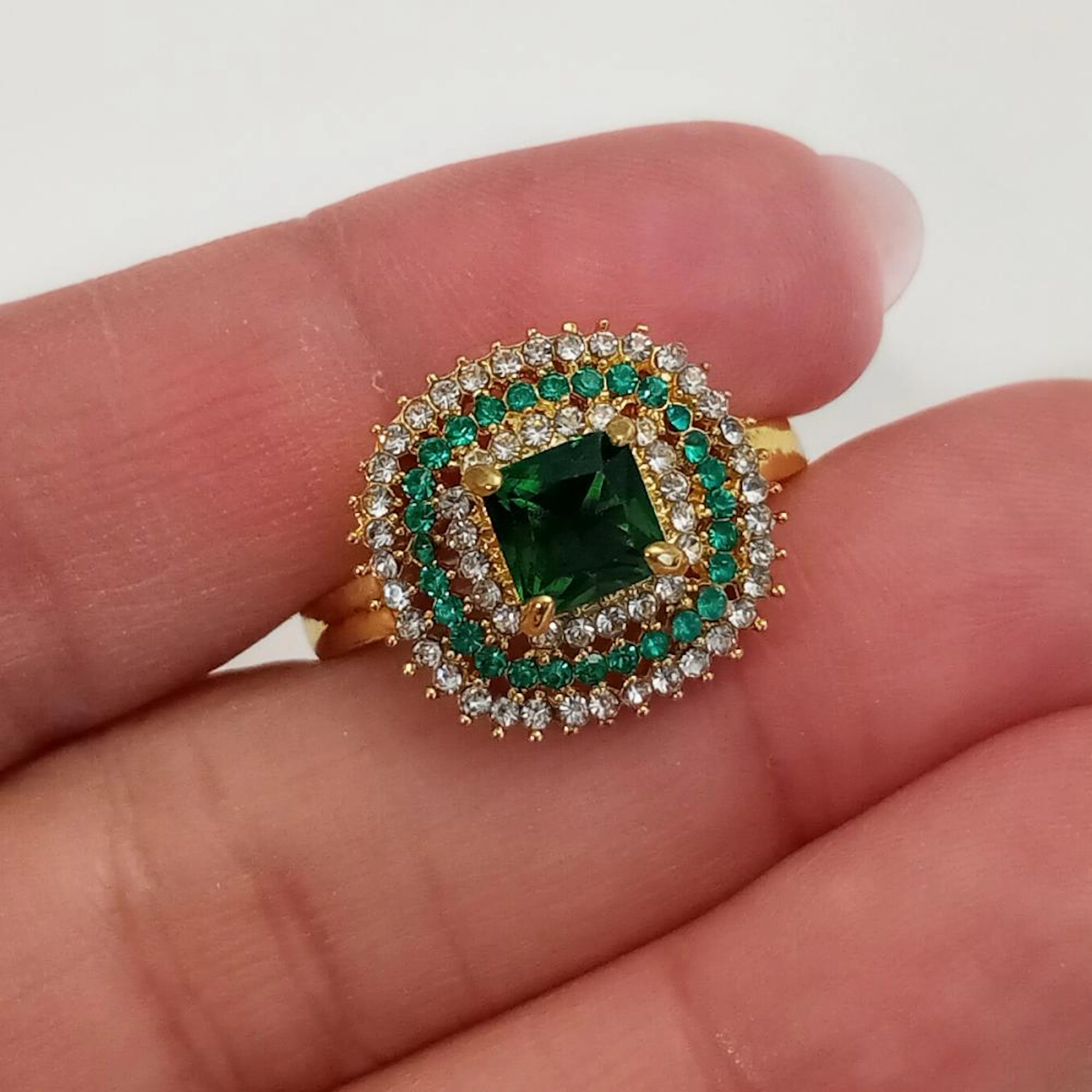Gold tone clear and green rhinestones, square cushion shape ring, size 10