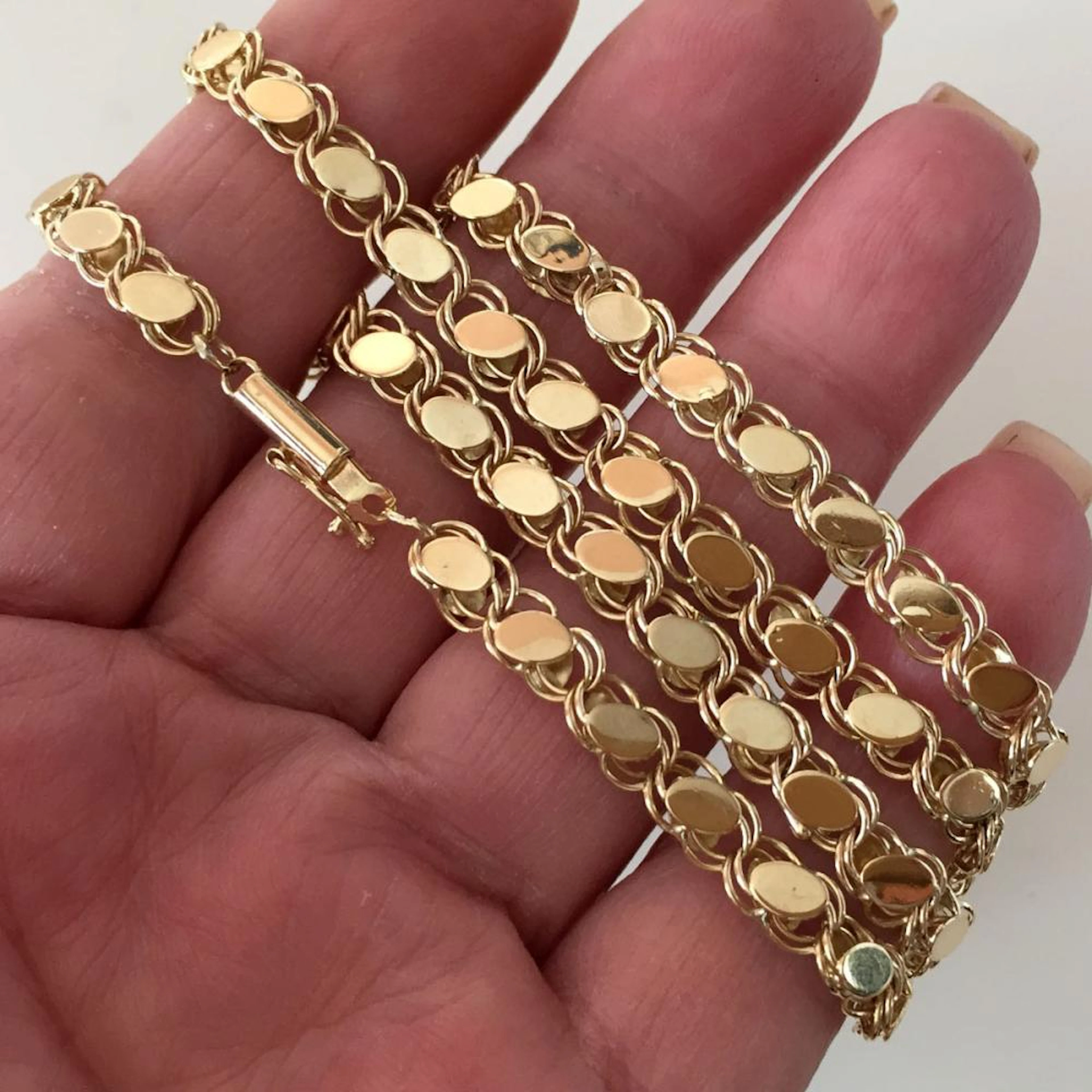 14k yellow gold shiny oval links chain / necklace with clasp and safety, 22".