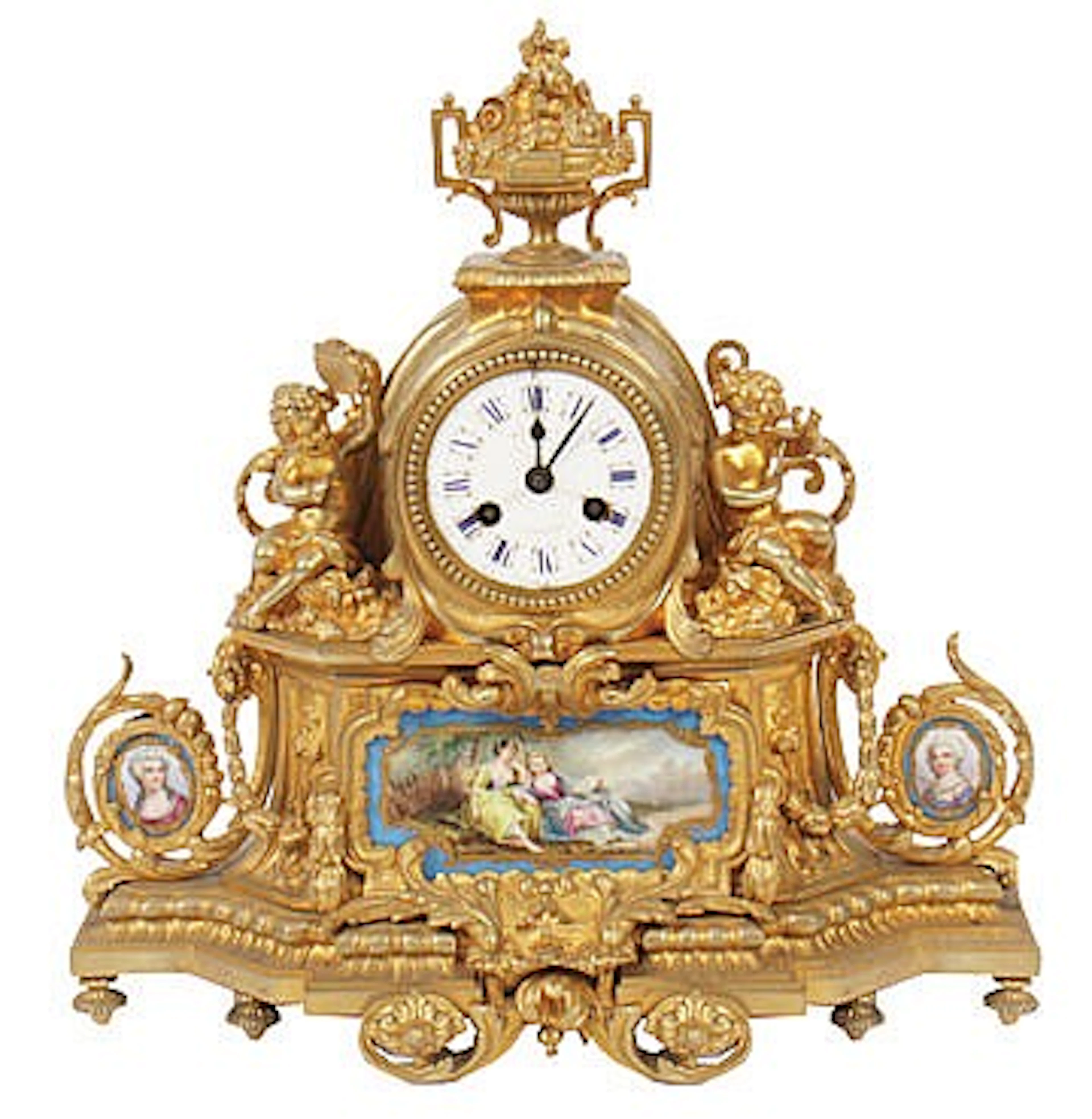 Nineteenth-century French ormolu cherub mounted mantle clock with Sevres insets