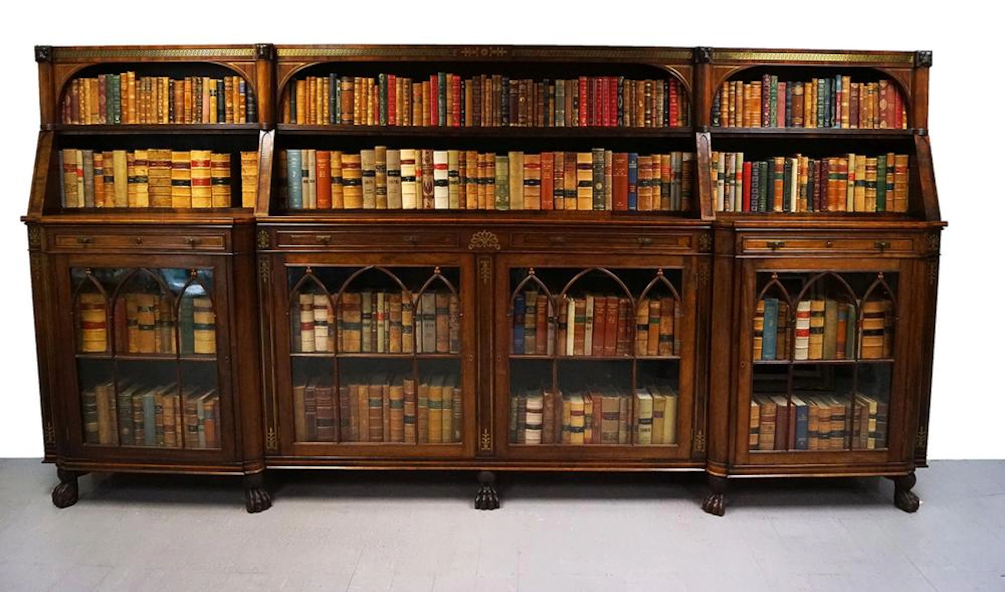 LARGE REGENCY PERIOD ROSEWOOD AND BRASS INLAID GOTHIC LIBRARY BOOKCASE