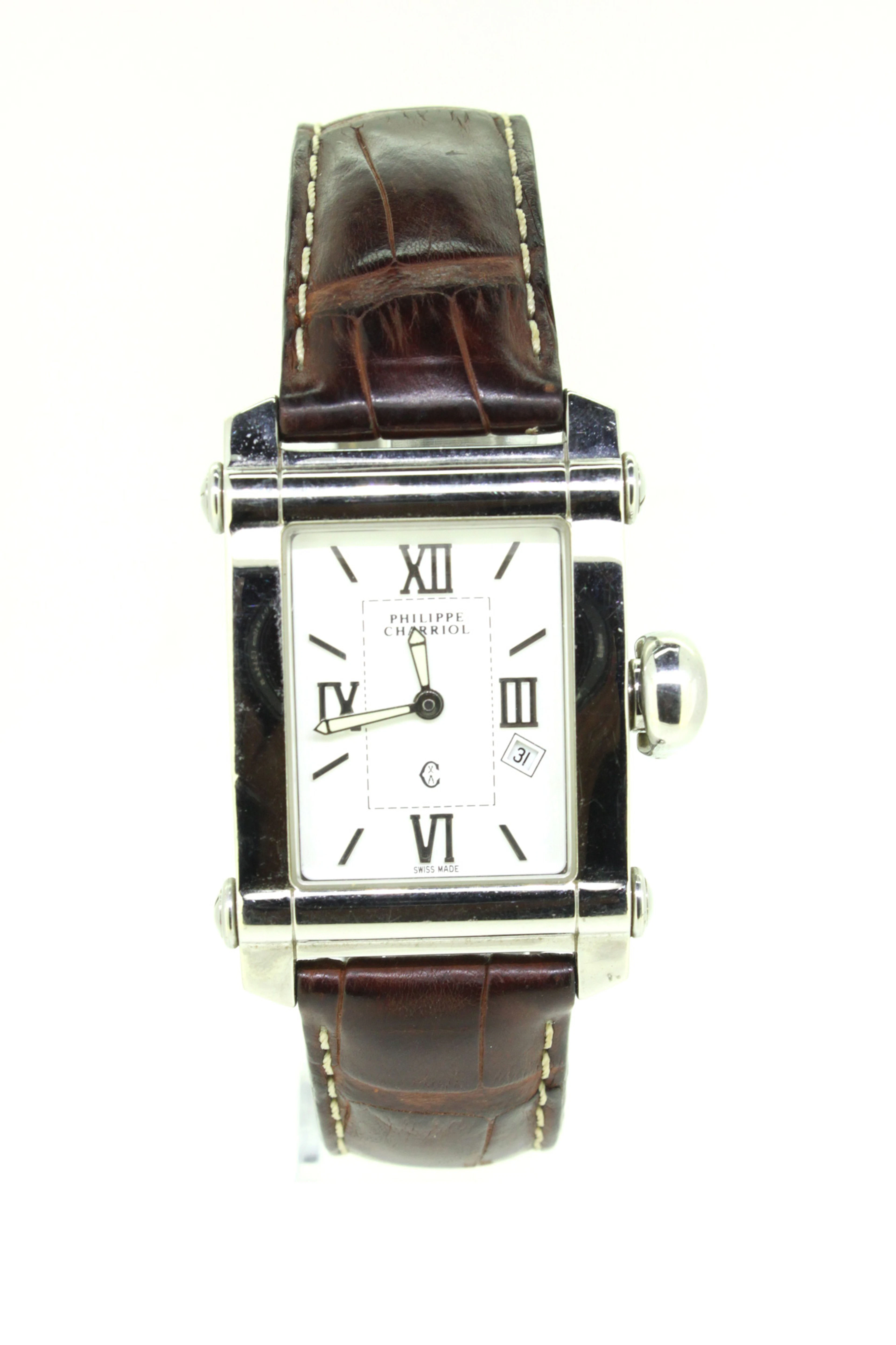 Charriol@, montre rectangulaire en acier, quartz, date à guichet, larg. 25 mm