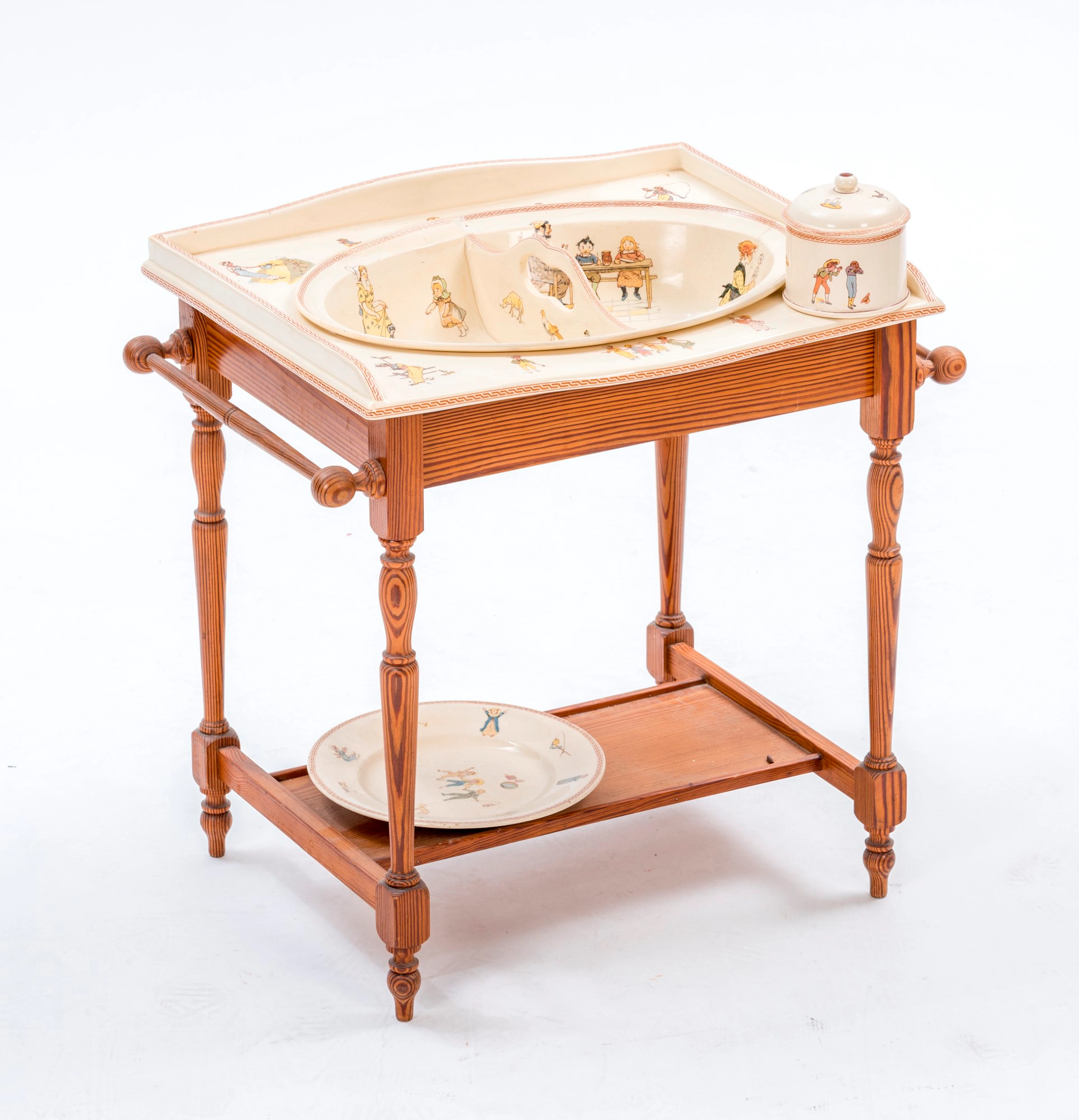 Table de toilette en bois avec lavabo et accessoires en faïence de