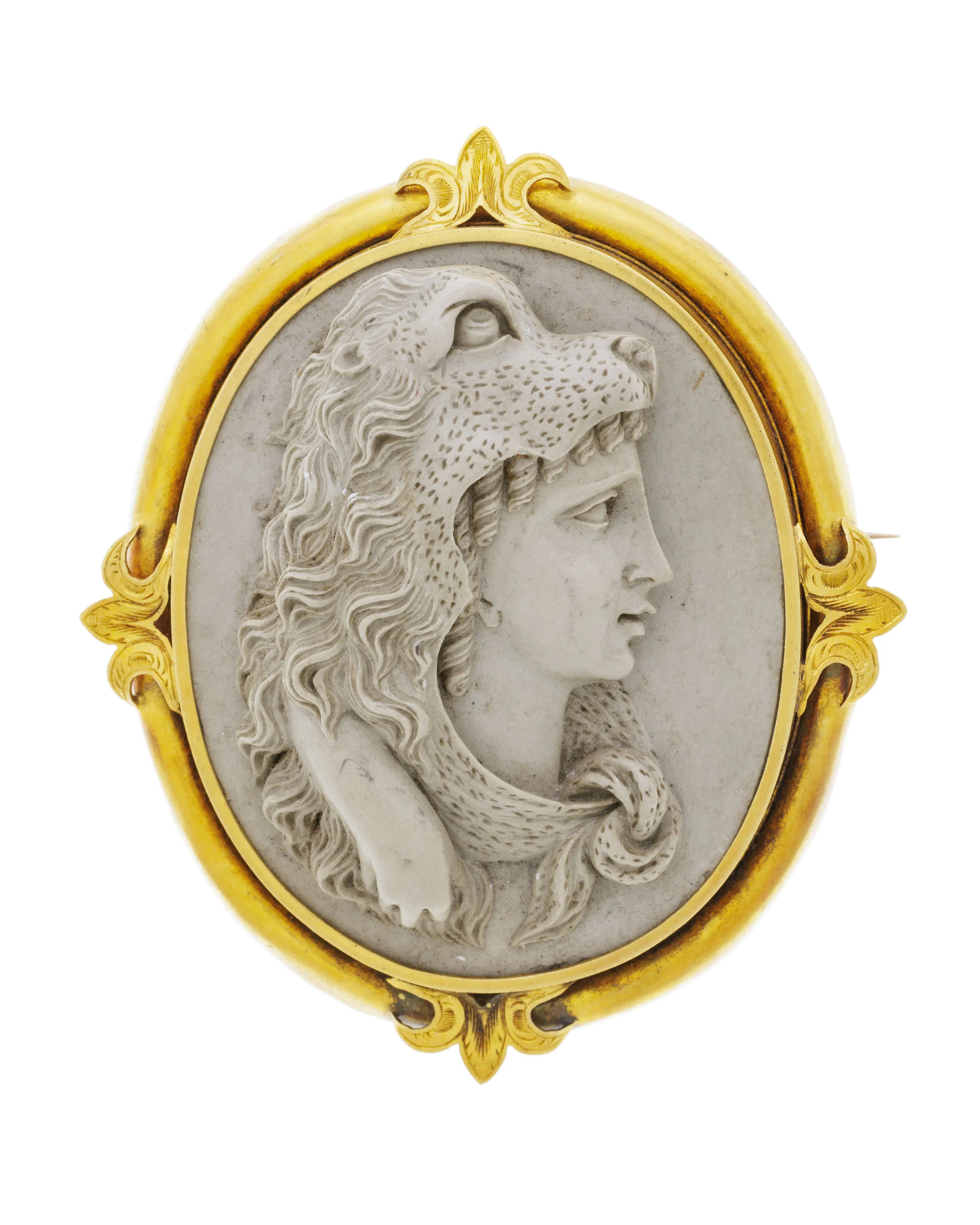 Broche Ancienne Milieu XIXème Métal Doré Avec Camée Pierre De Lave - Antiquité