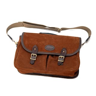 AN UNUSED BROWN SUEDE LEATHER AND CANVAS SHOULDER BAG,