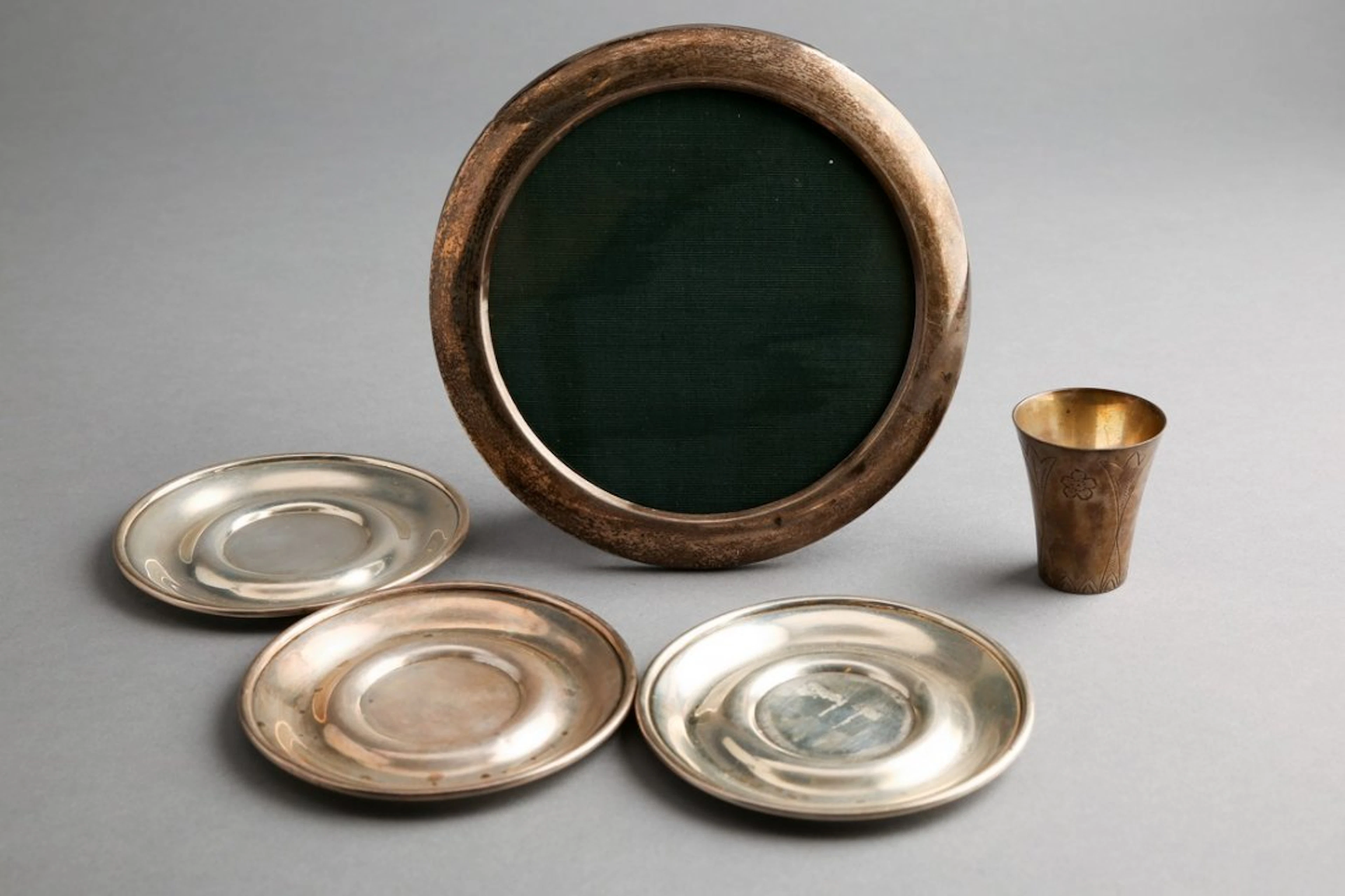 Misc VIntage Lot Sterling Saucers, Frame, Shot Glass