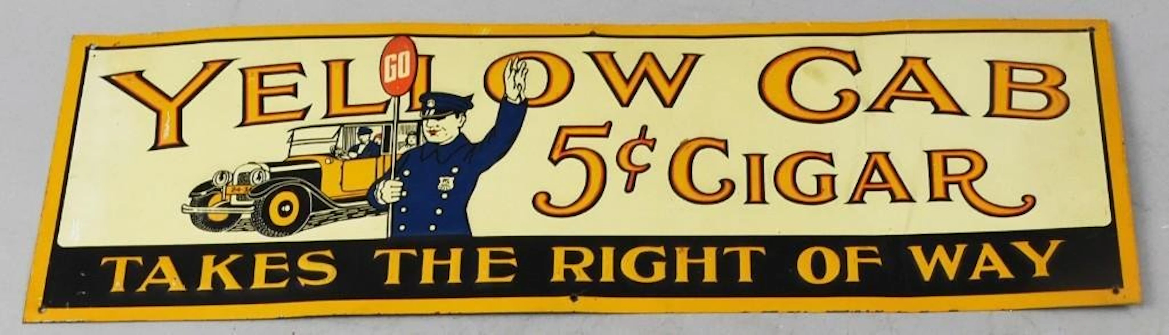 Embossed Enamel Yellow Cab Cigar Advertising Sig