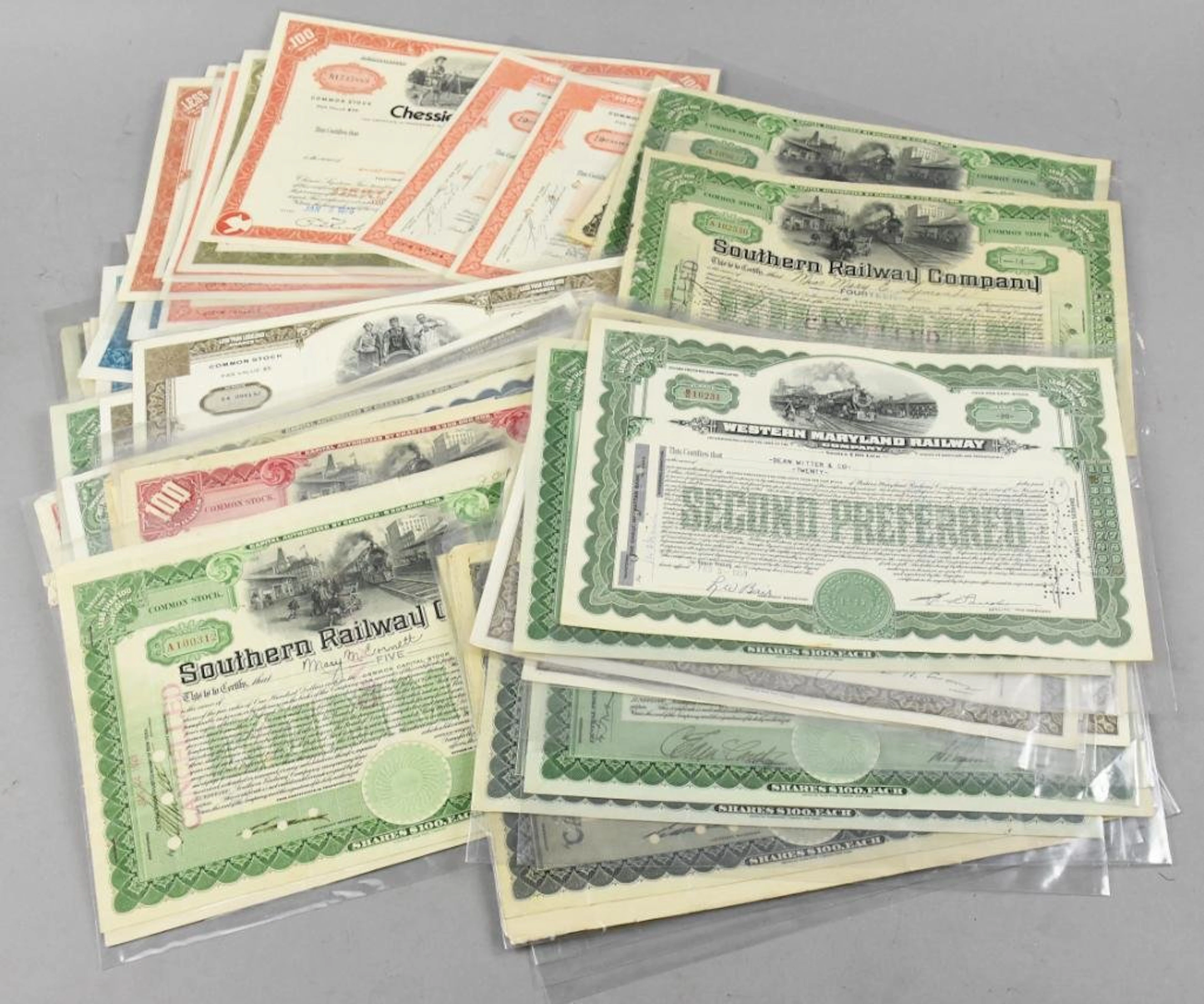 Large Lot Vintage Railway Stock Certificates
