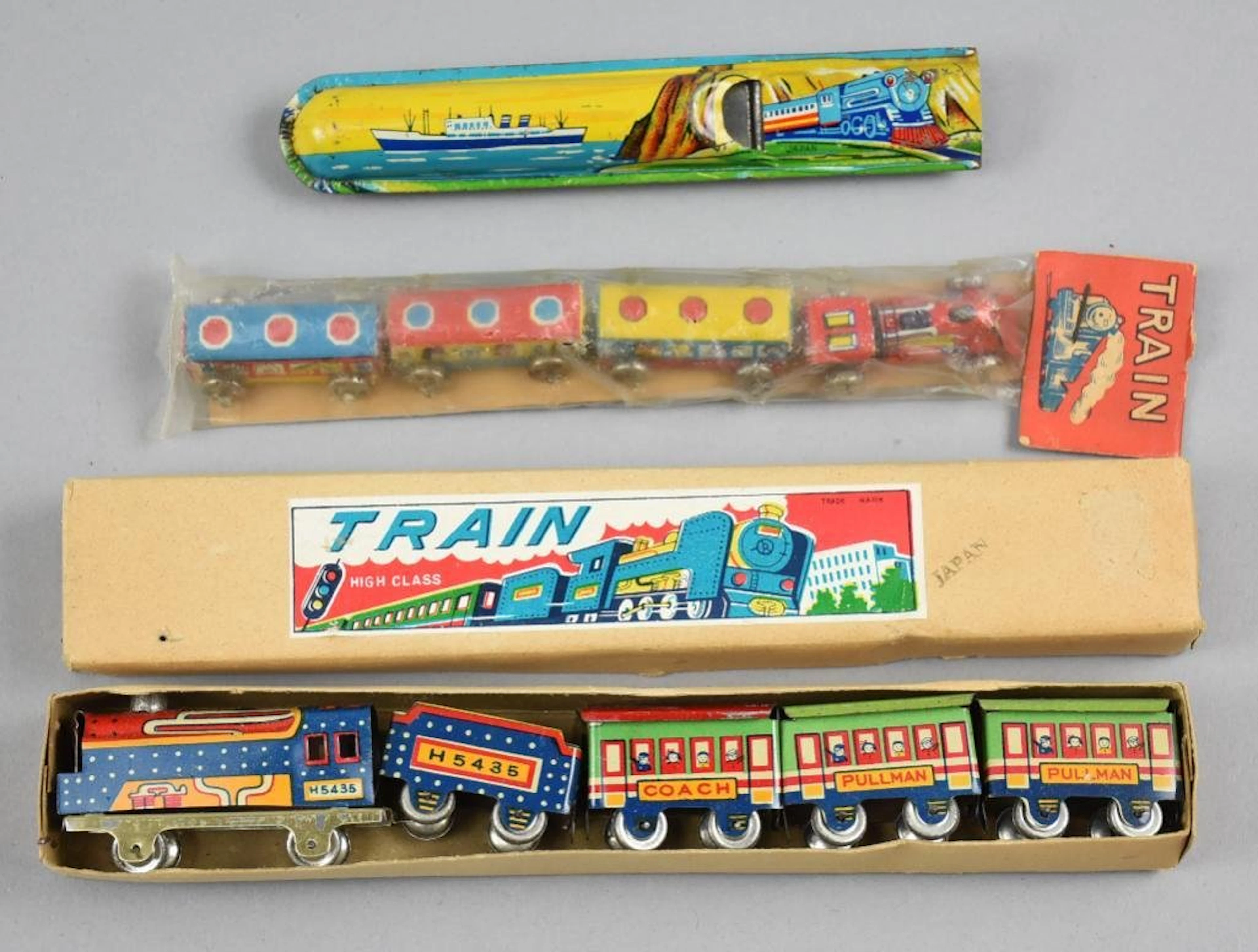 c1950 Japanese Tin Litho Trains and Whistle