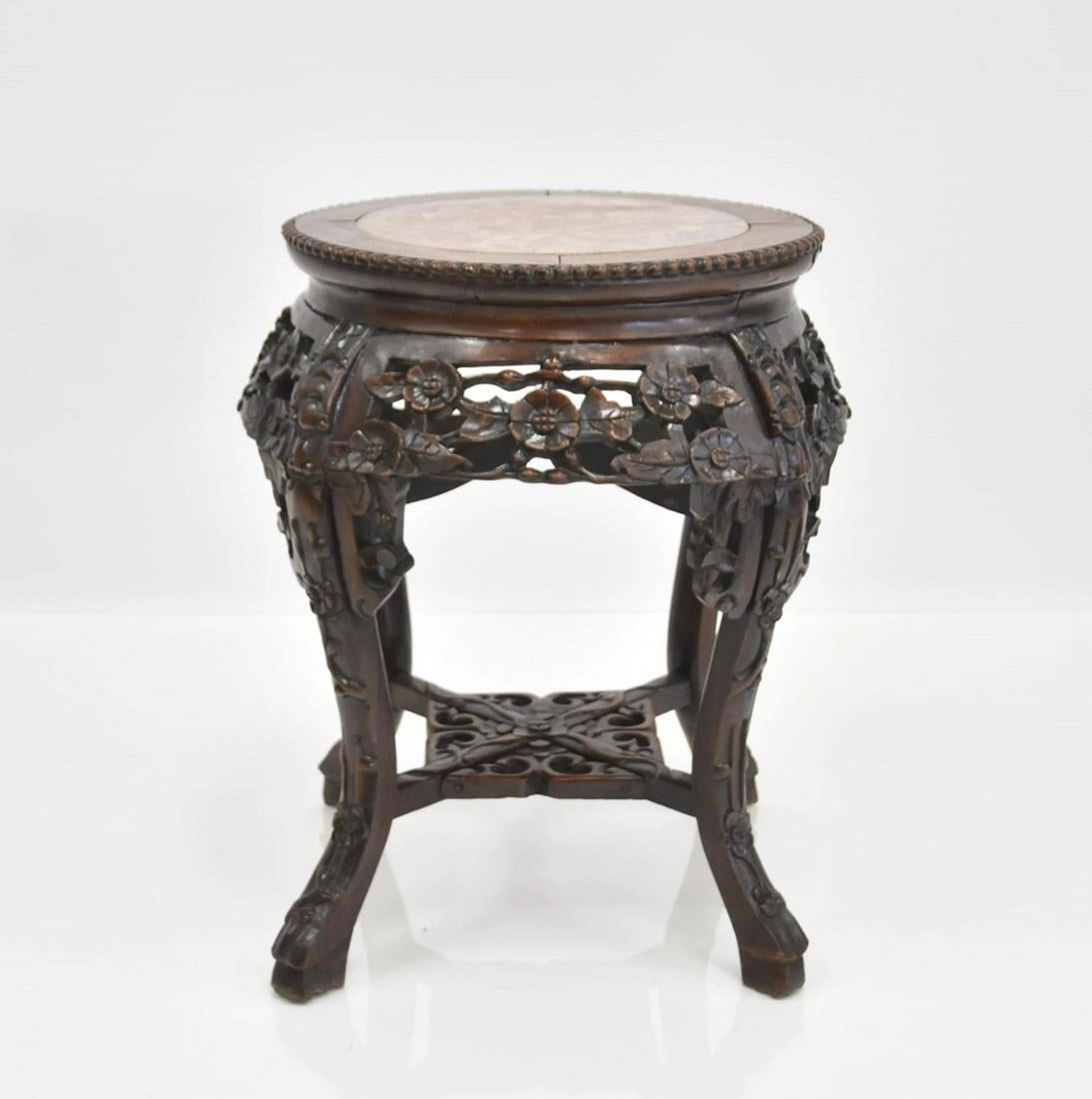 CARVED CHINESE MARBLE TOP TABORET STAND