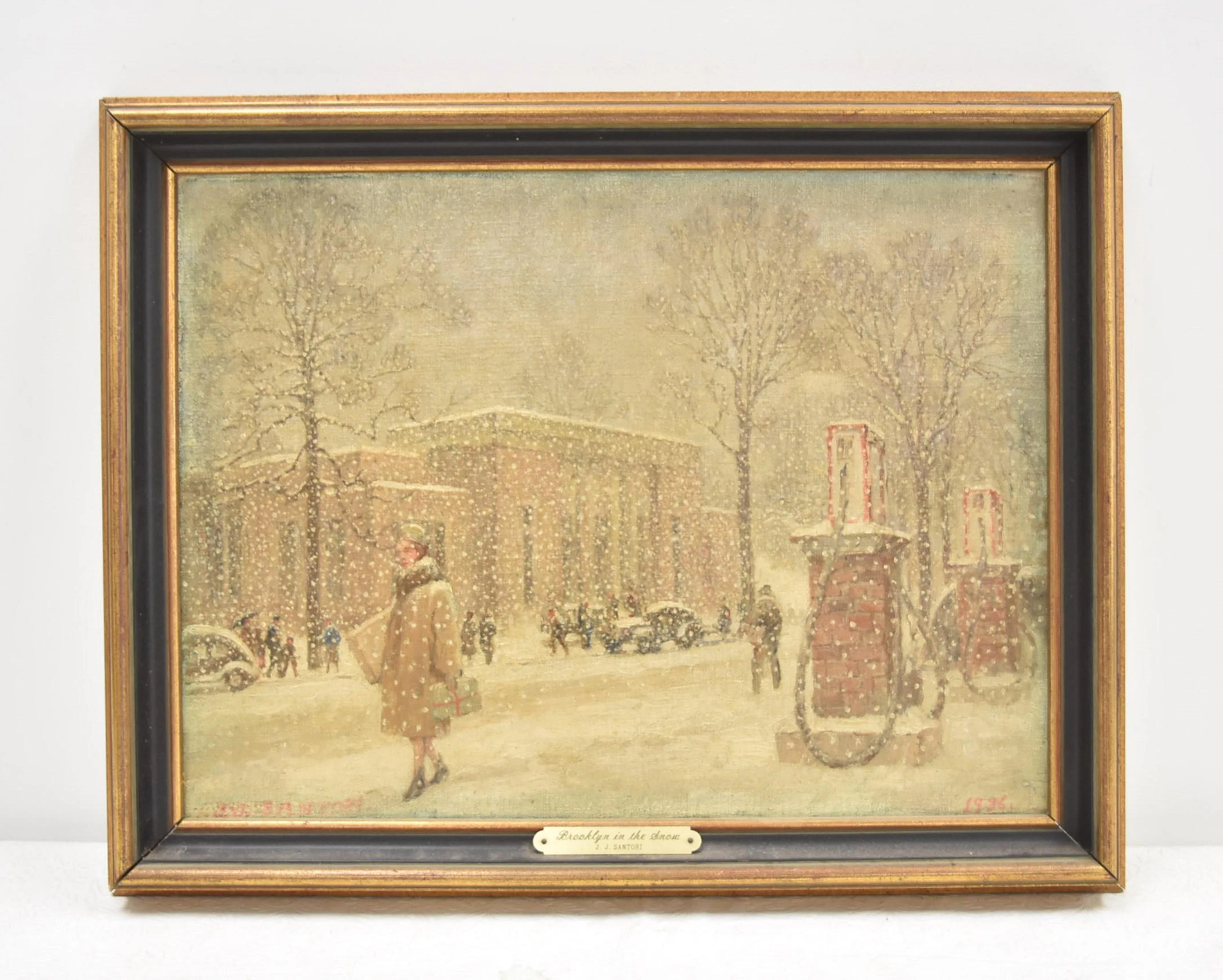 J.J. SANTORI , OIL ON CANVAS "BROOKLYN IN THE SNOW