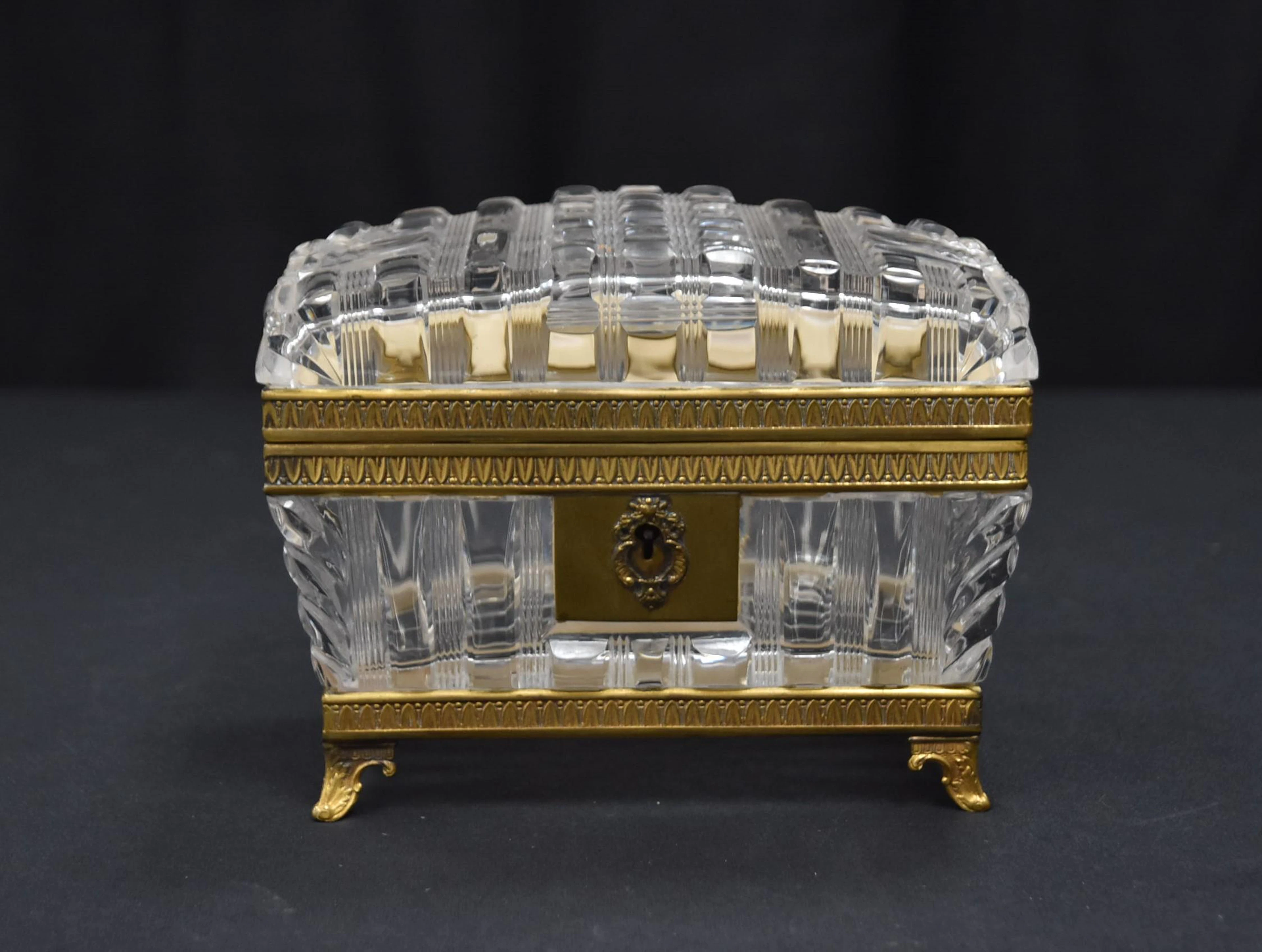 UNUSUAL FORM CUT GLASS & BRONZE DRESSER BOX
