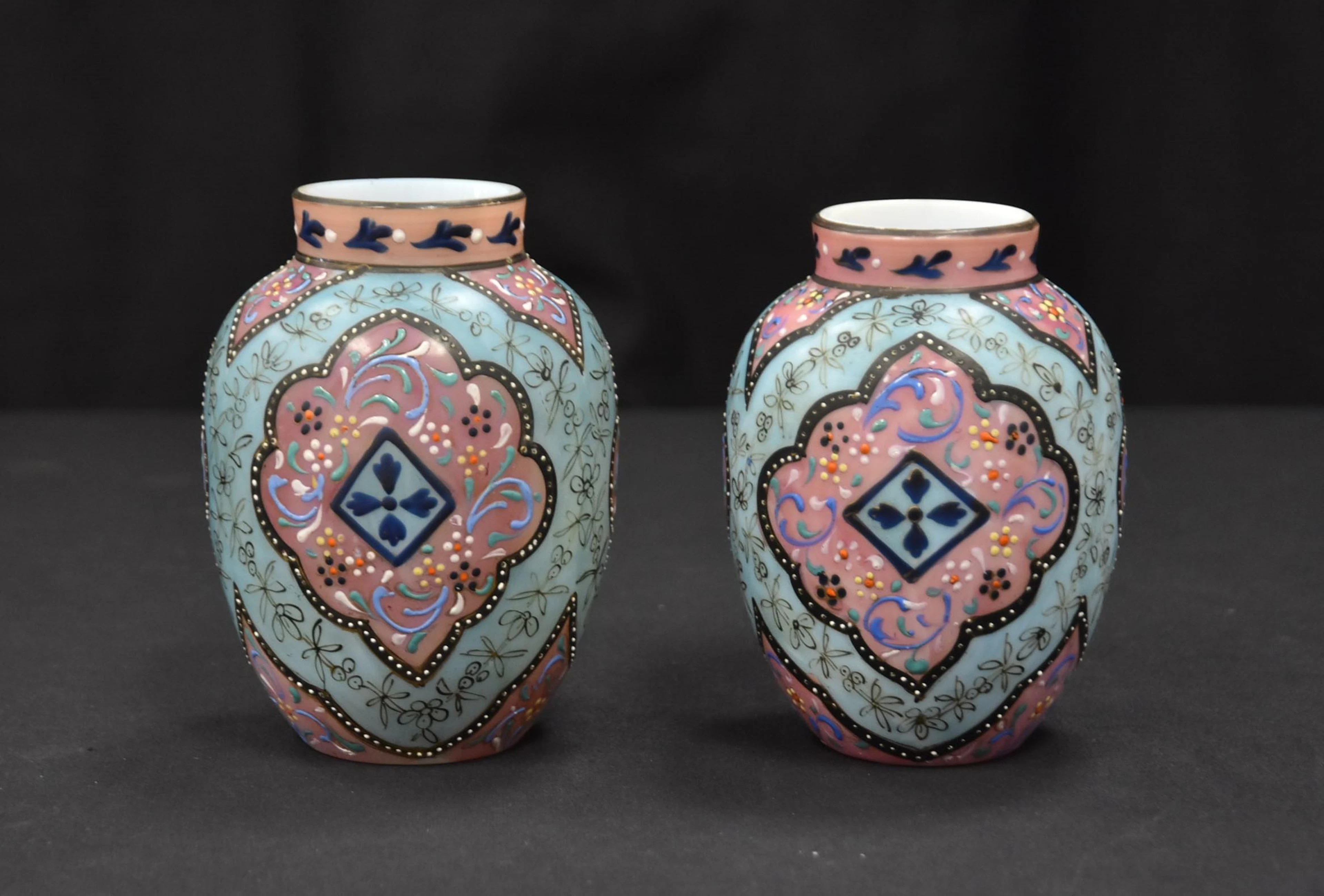 (Pr) ENAMELED OPALINE VASES