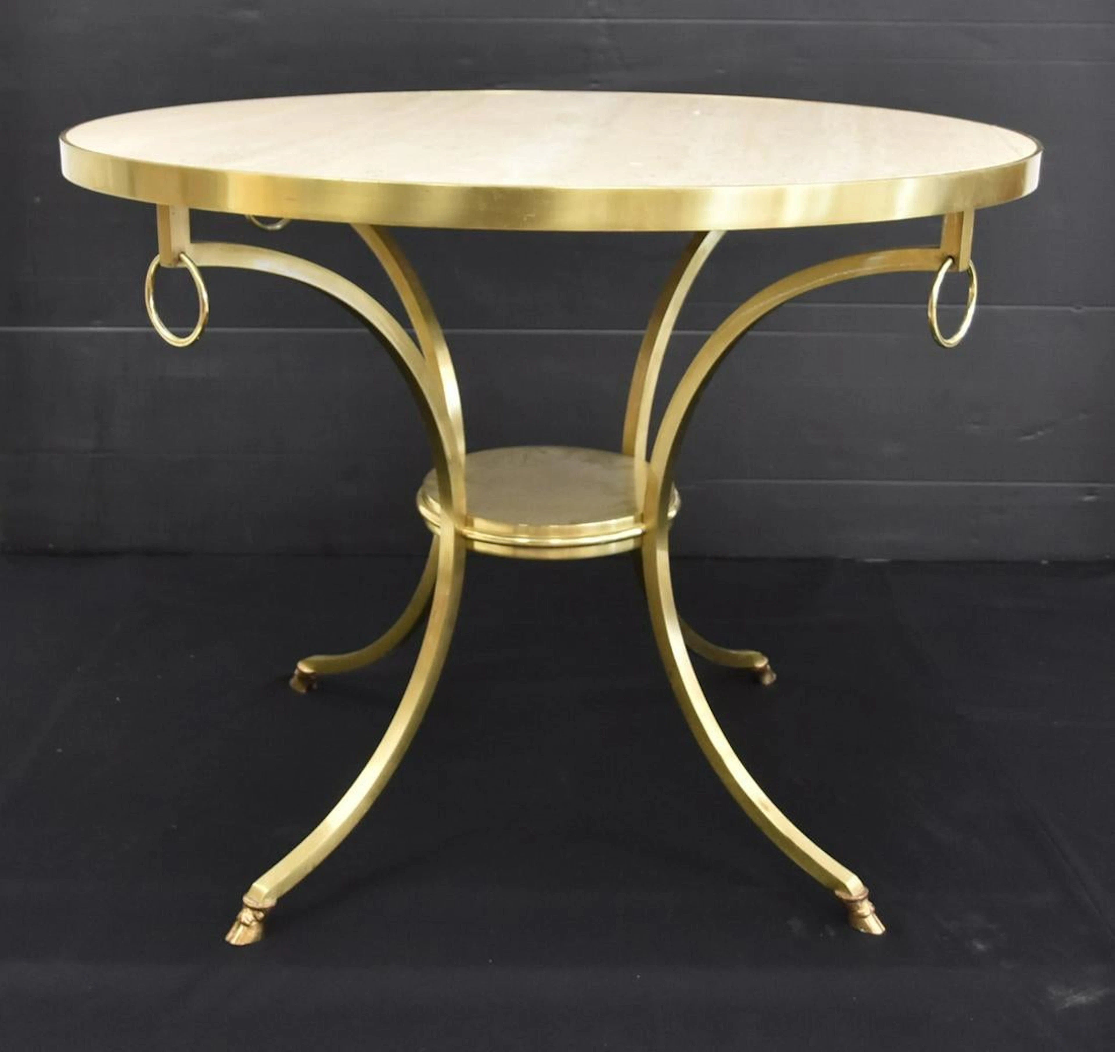 TRAVERTINE MARBLE & BRONZE CENTER HALL TABLE