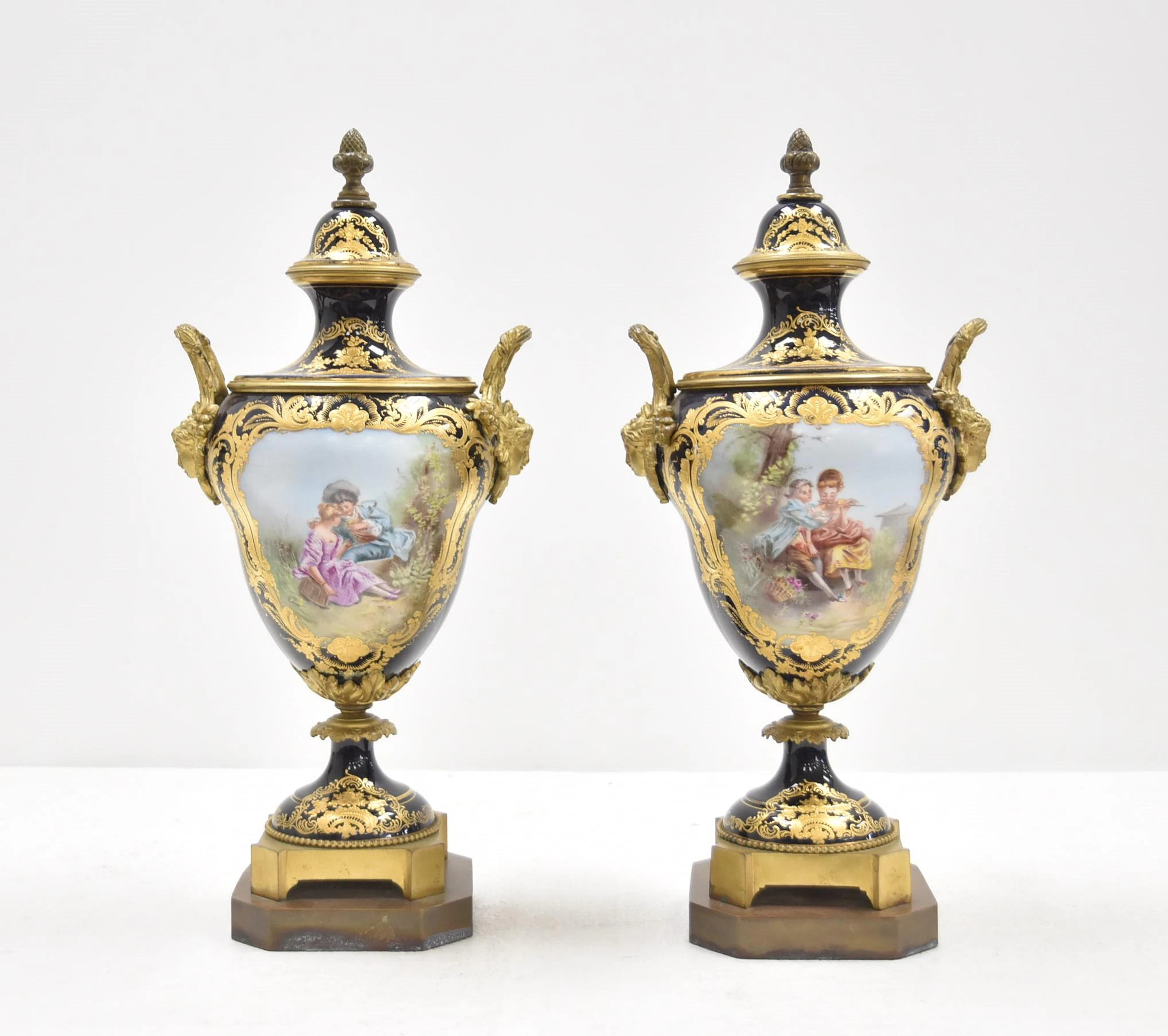 (Pr) HAND PAINTED LAPIS SEVRES PORCELAIN URNS