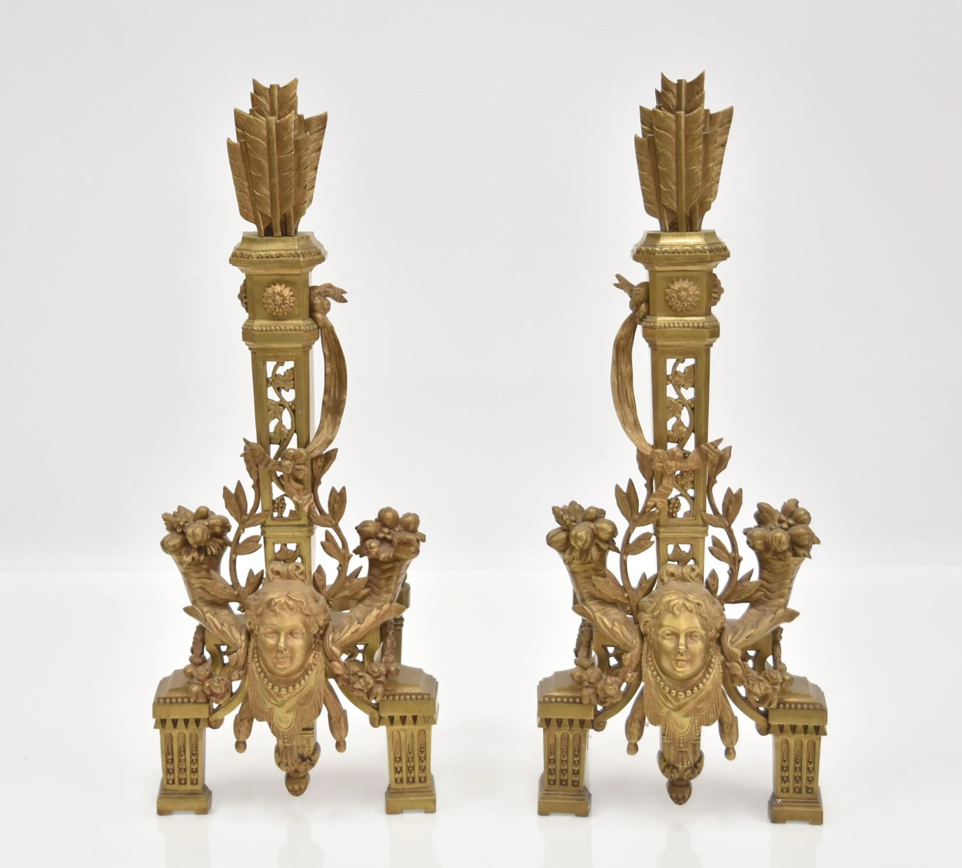 (Pr) 19thC FRENCH BRONZE FIREPLACE CHENETS