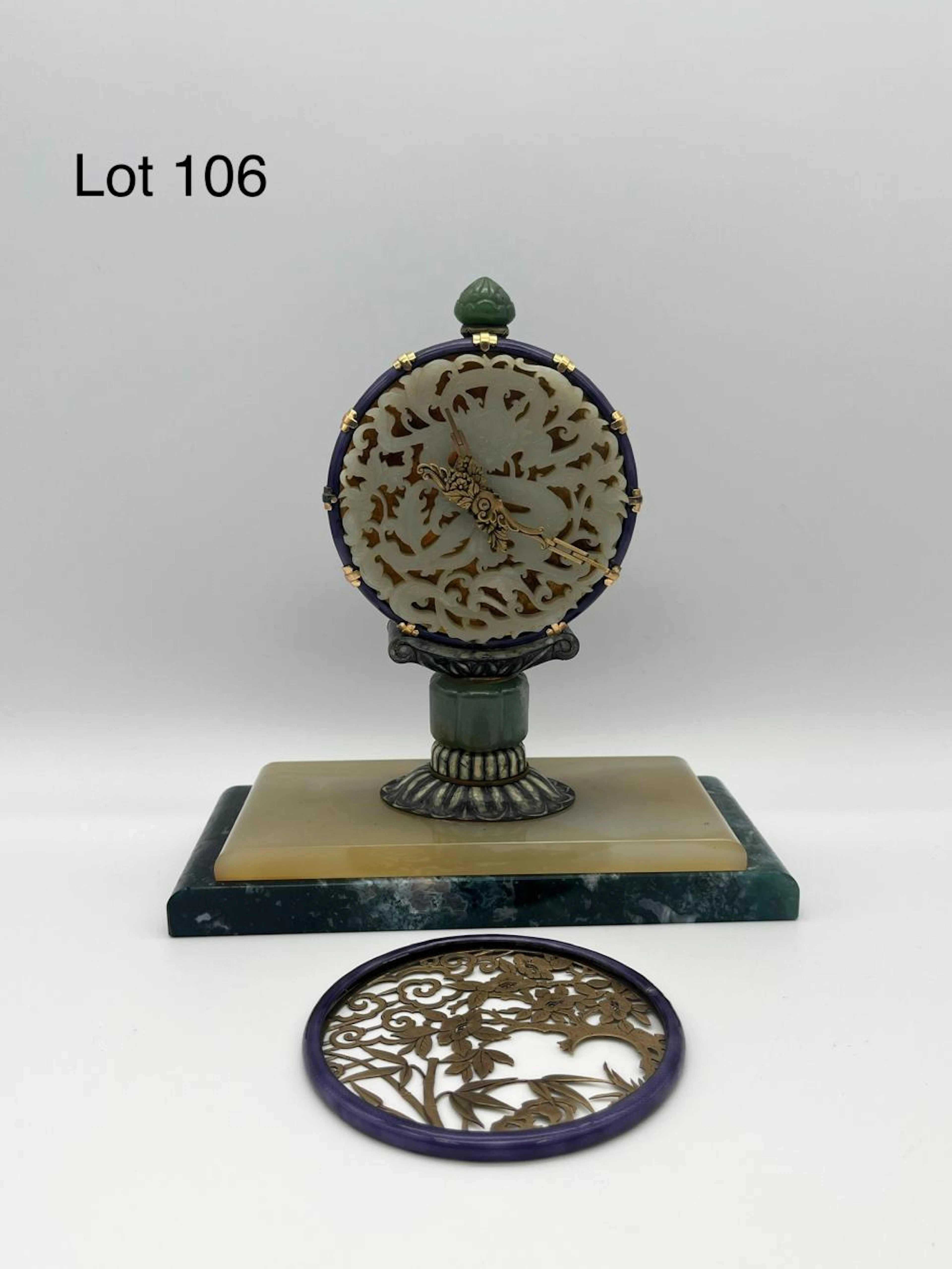 Antique Desk Clock with Carved Jade Face