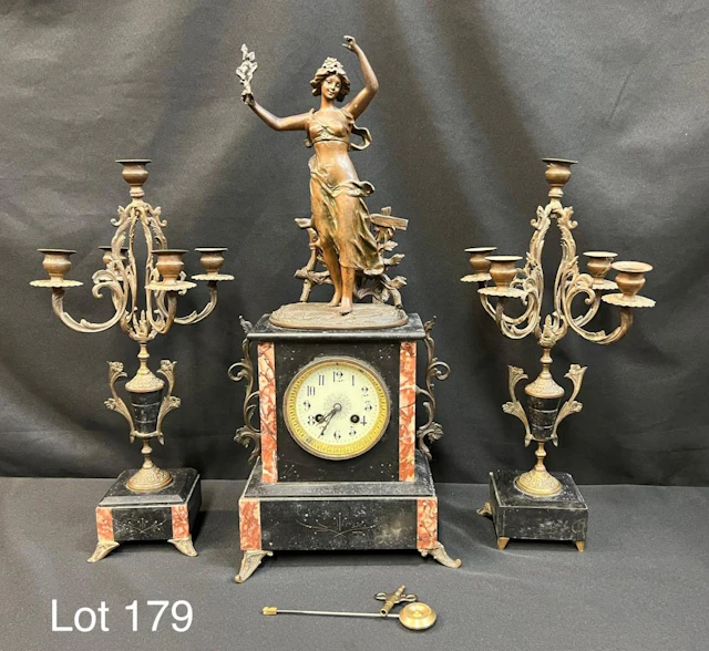 French Three Piece Bronze and Marble Clock Garniture