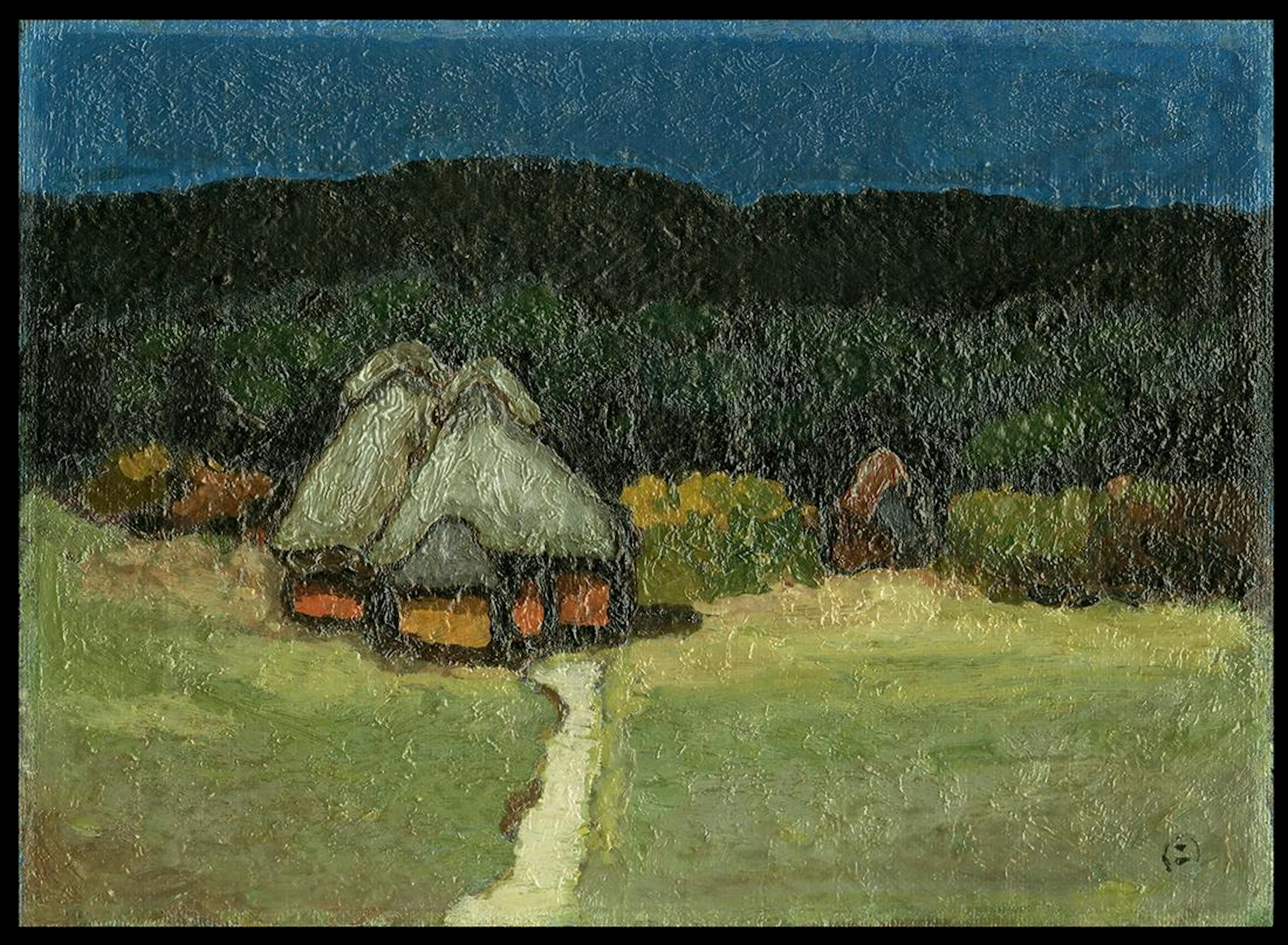 Umetaro Azechi Oil On Panel - Houses in the Evening
