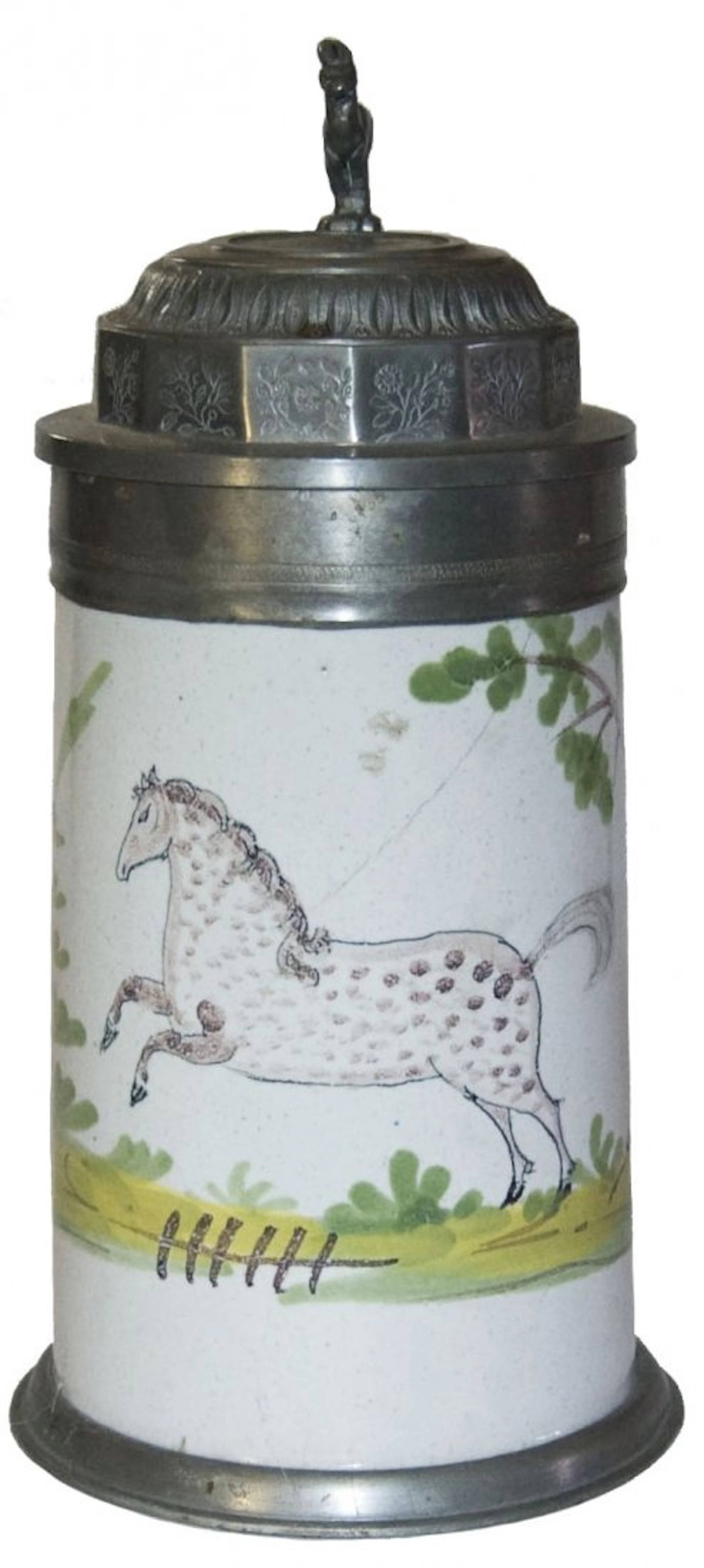 Schrezheim Faience Horse Stein w Fancy Lid c 1820