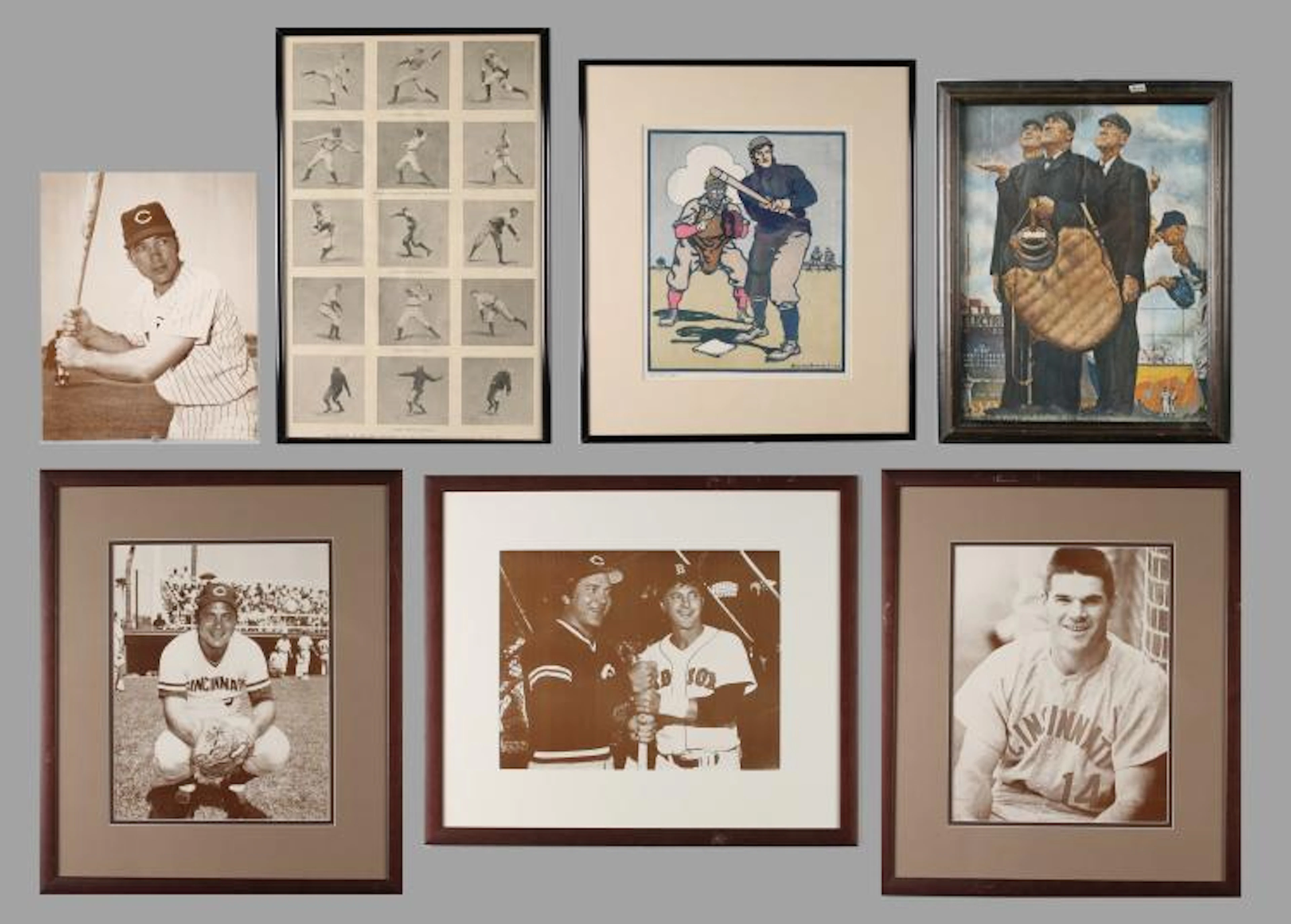 7 VINTAGE FRAMED BASEBALL MEMORABILIA ROSE/BENCH