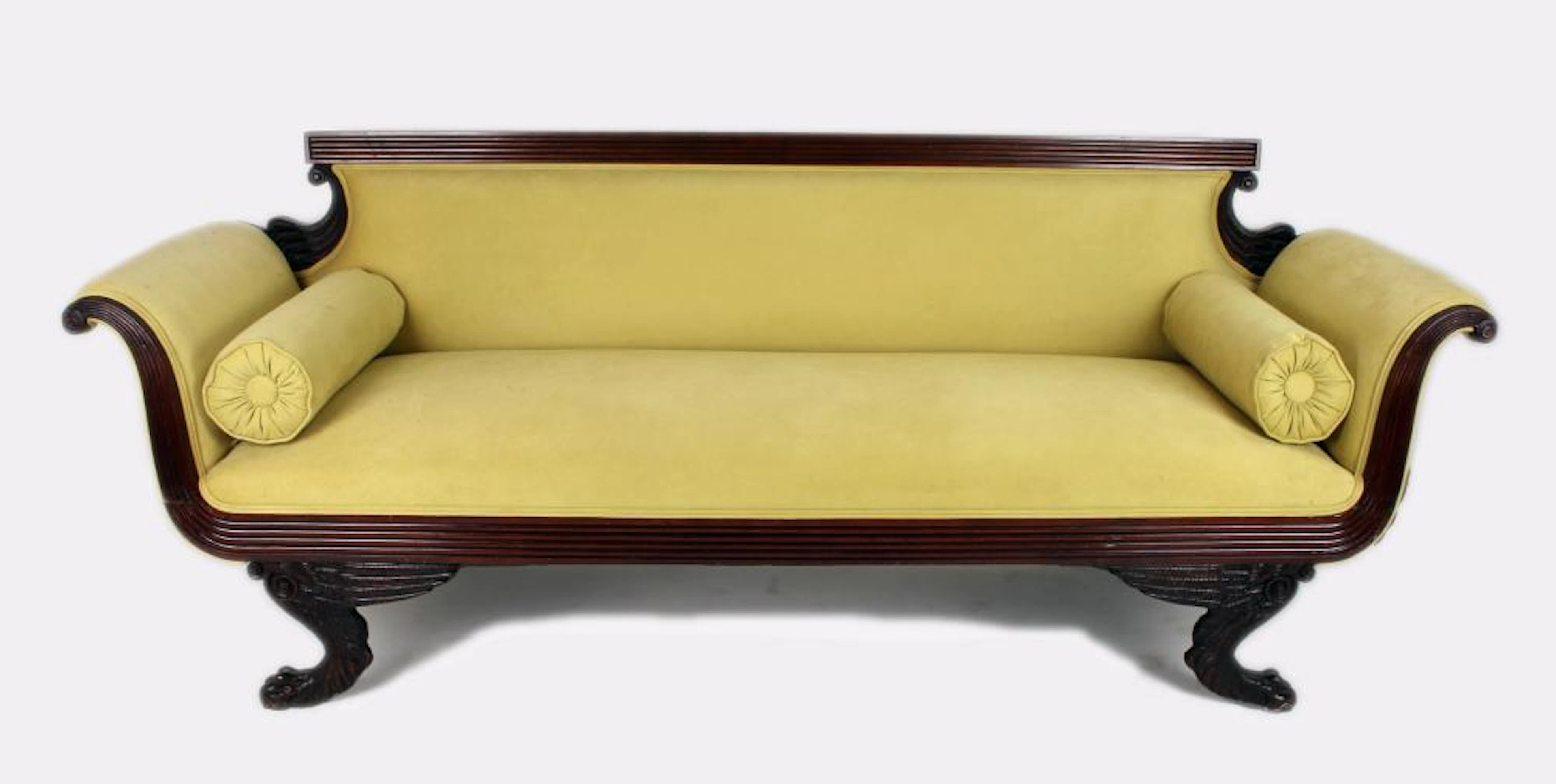 ANTIQUE AMERICAN EMPIRE MAHOGANY SCROLL ARM SOFA