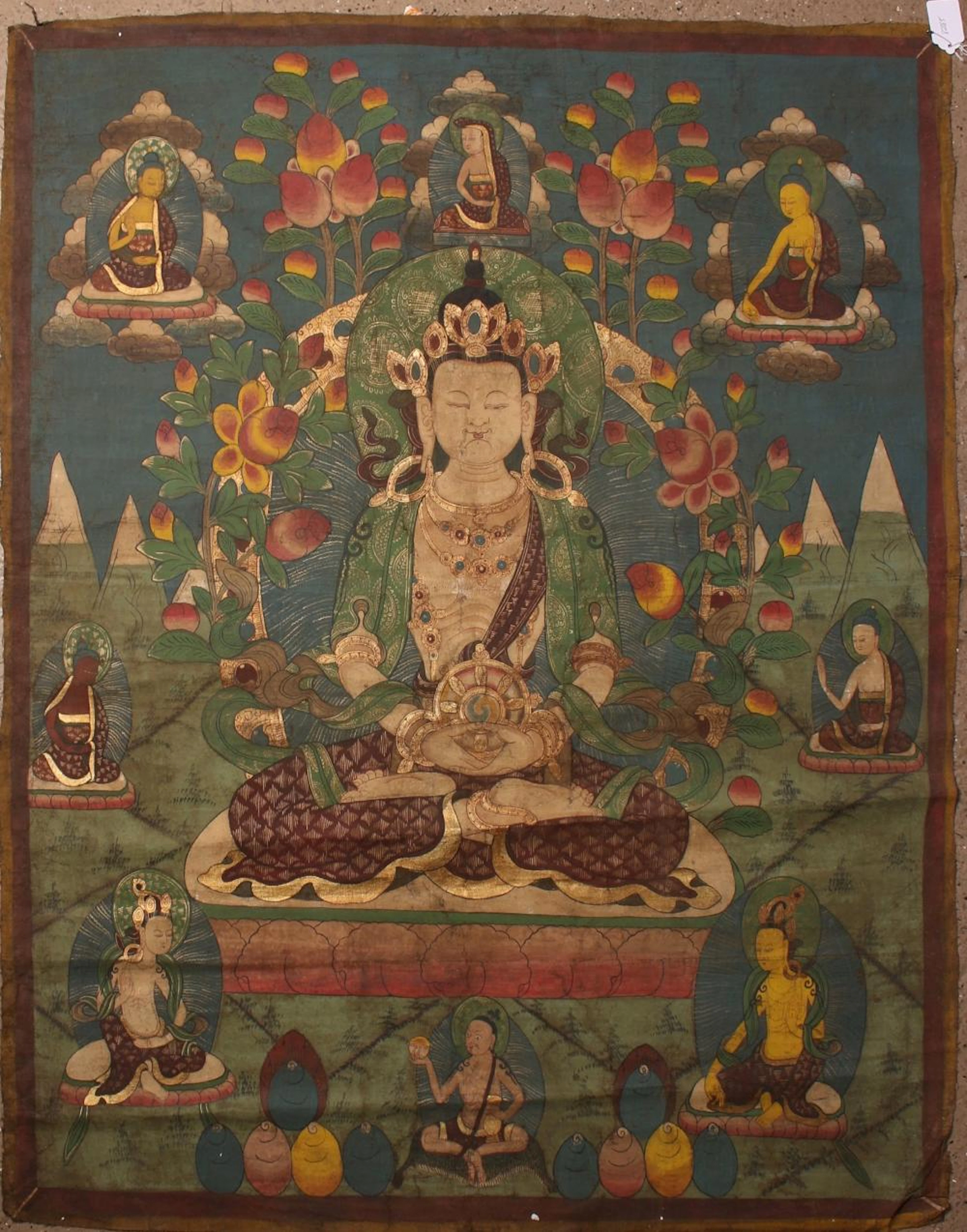 LARGE SERENE BUDDHA & PEACHES THANGKA