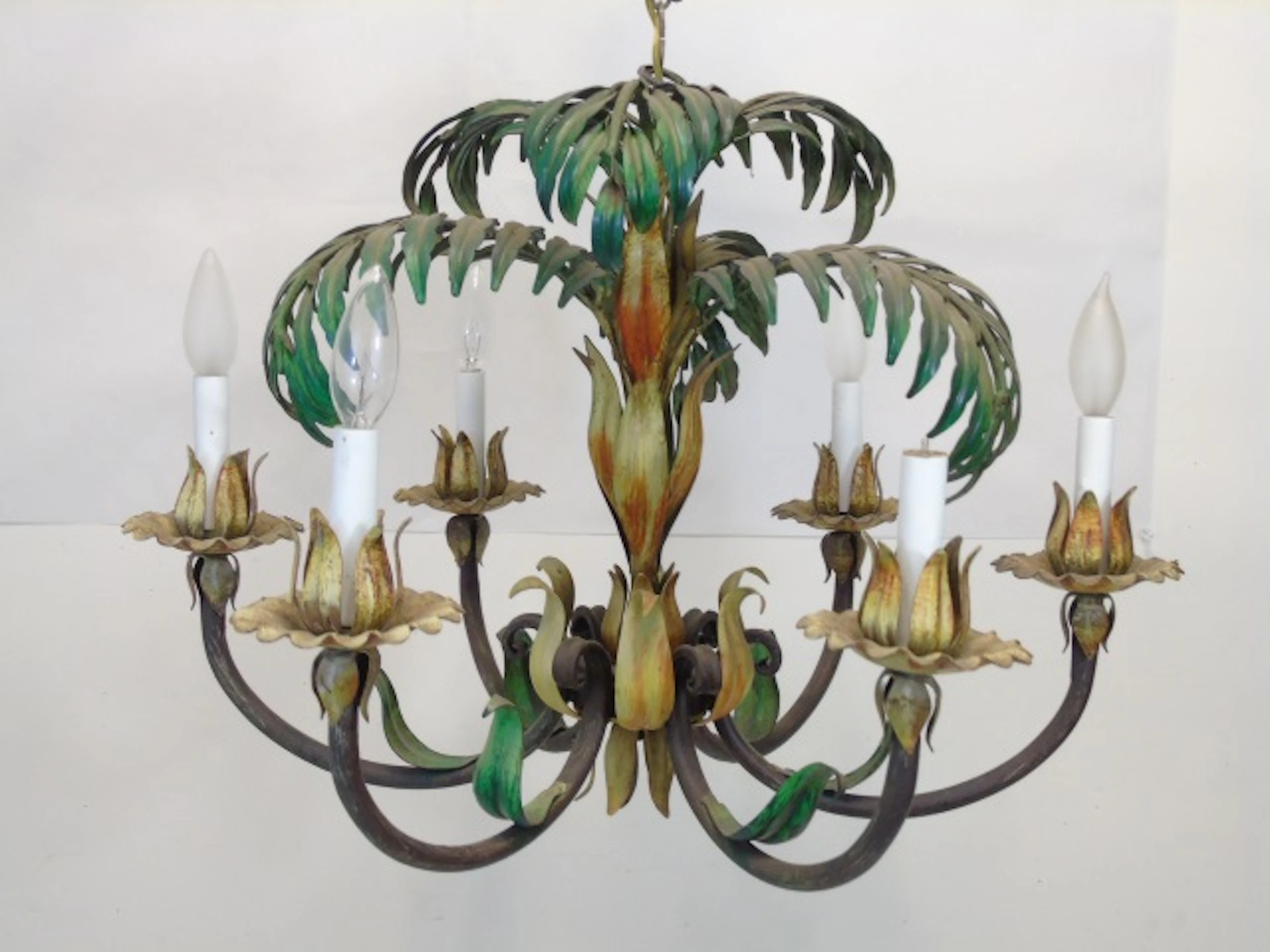 Vintage Tole Palm Tree Chandelier w Tropical Feel