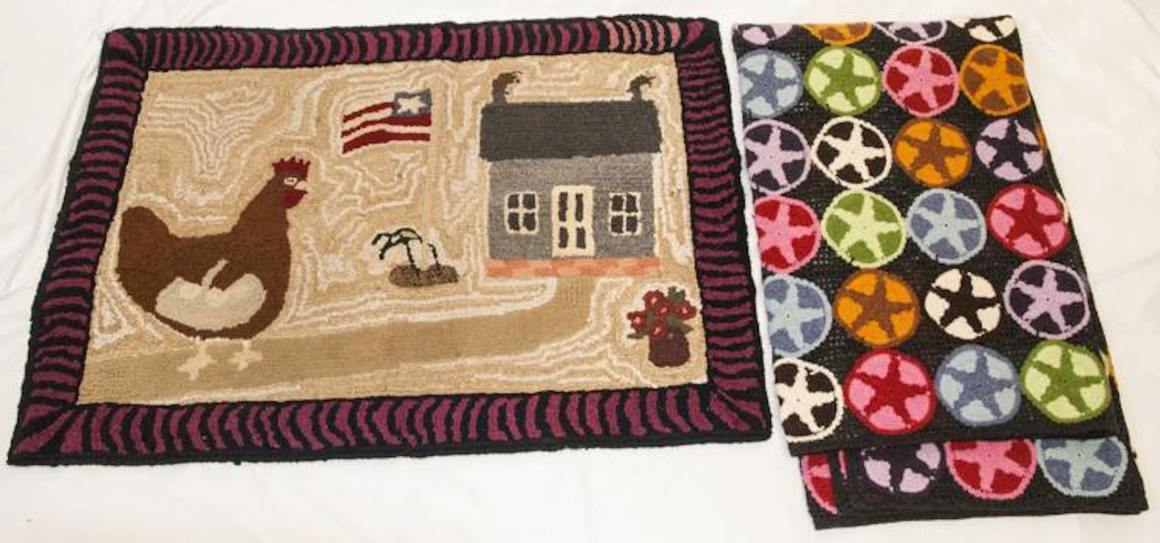 Antique Hooked Rug and Repro Crochet Star Quilt