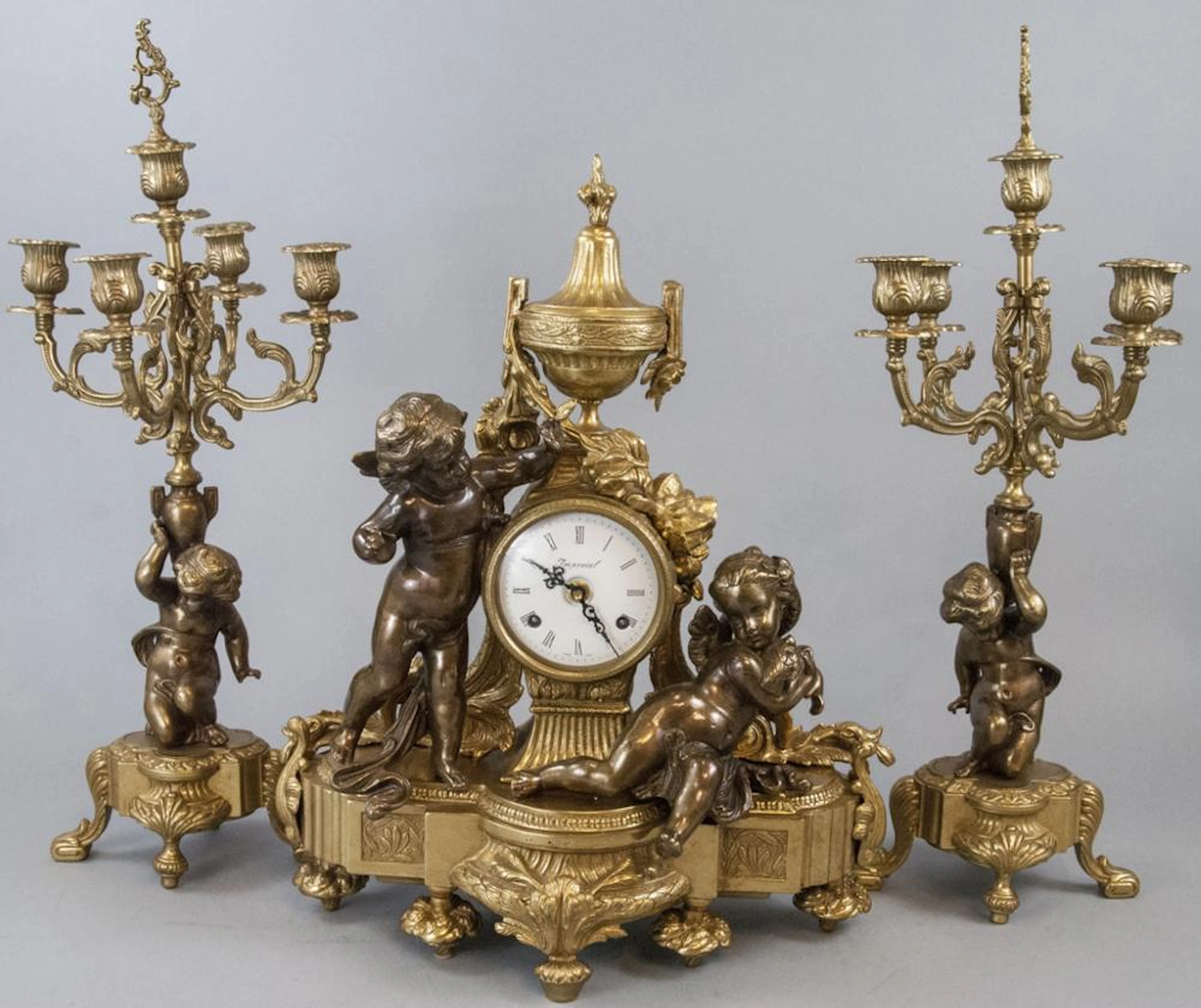 Bronze French Rococo Cherub Clock & Candelabra Set