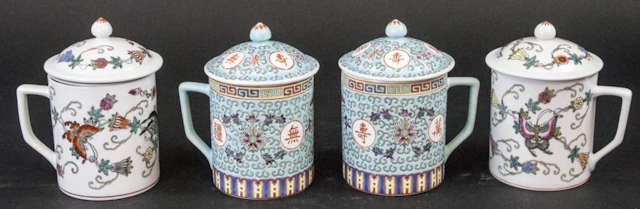 4 Vintage Chinese Porcelain Tea Mugs / Caddies