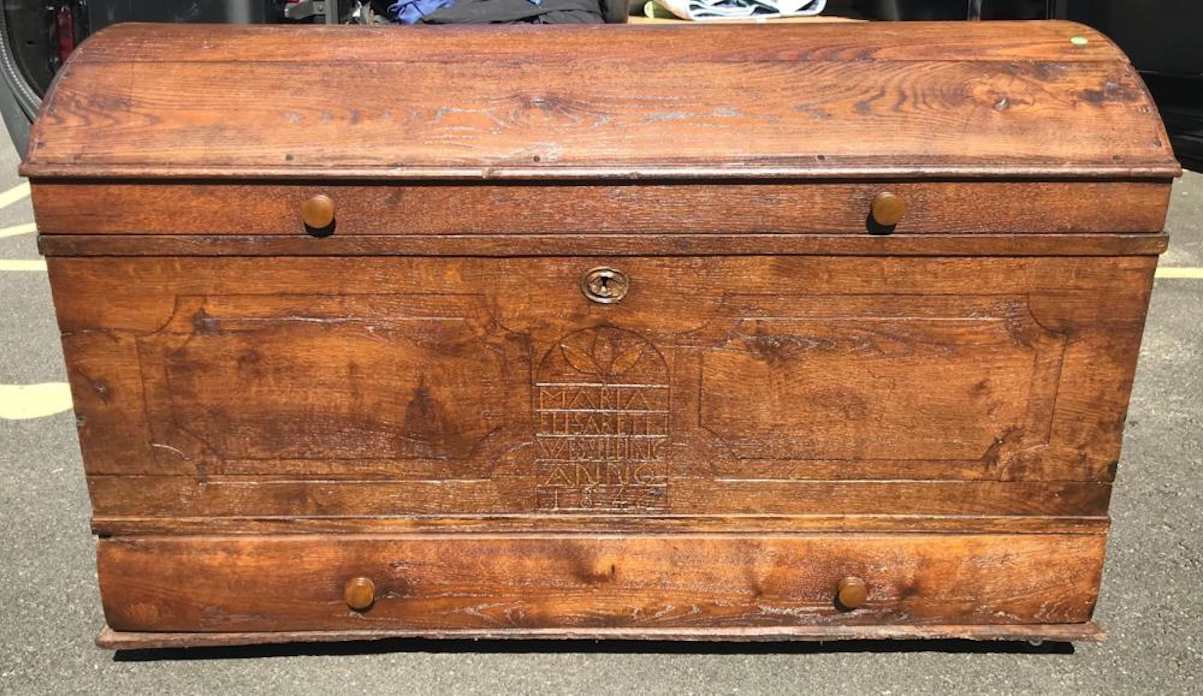 Antique Mid 19th C Wooden Wedding Chest