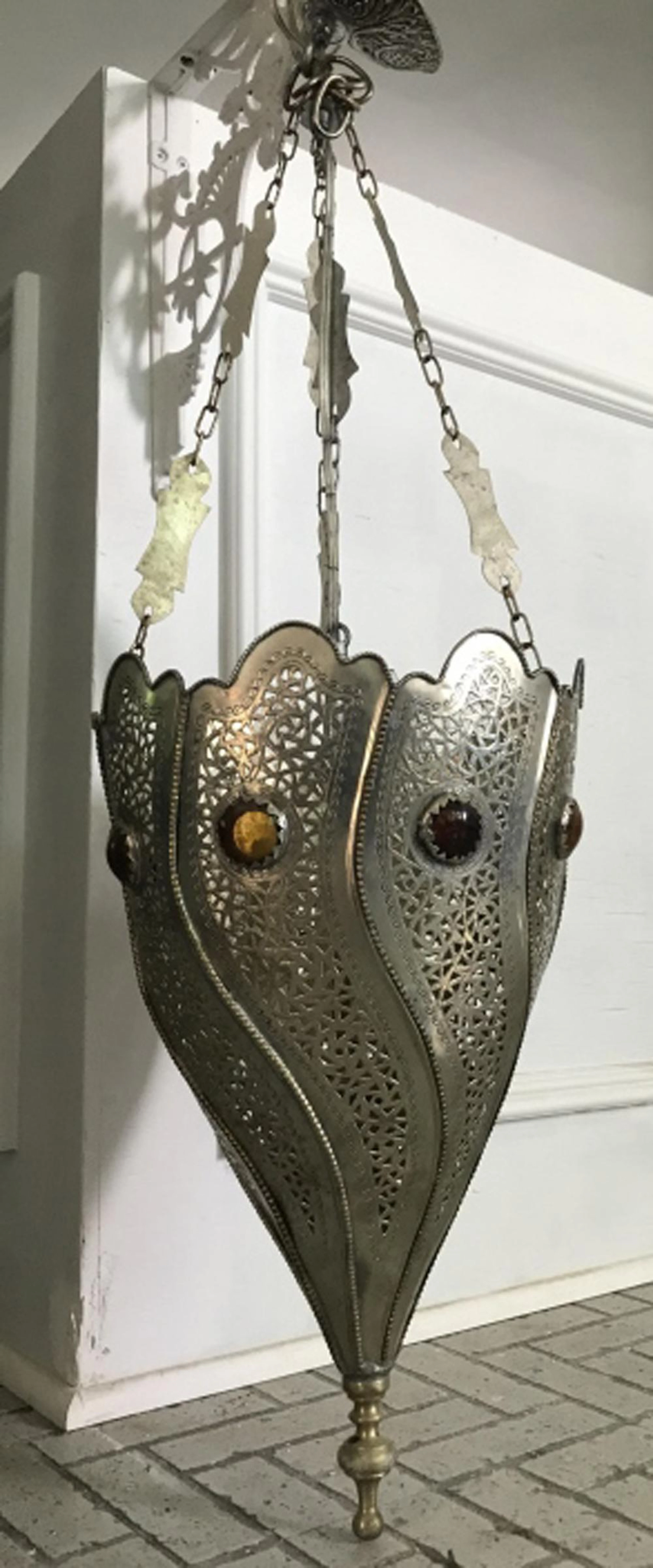 Moroccan Pierced & Jeweled Metal Chandelier