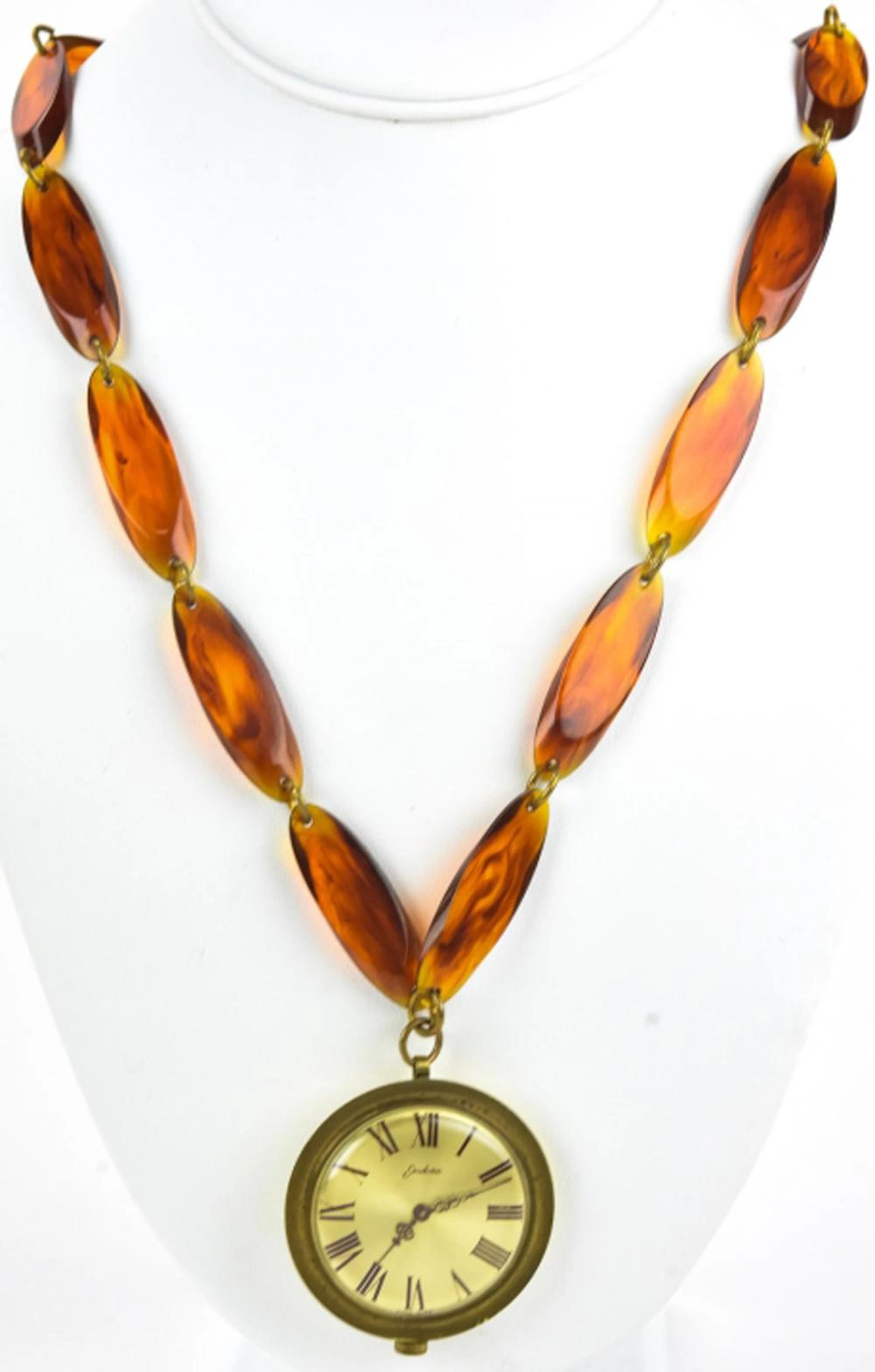 Vintage Faux Tortoise Necklace w Watch Pendant