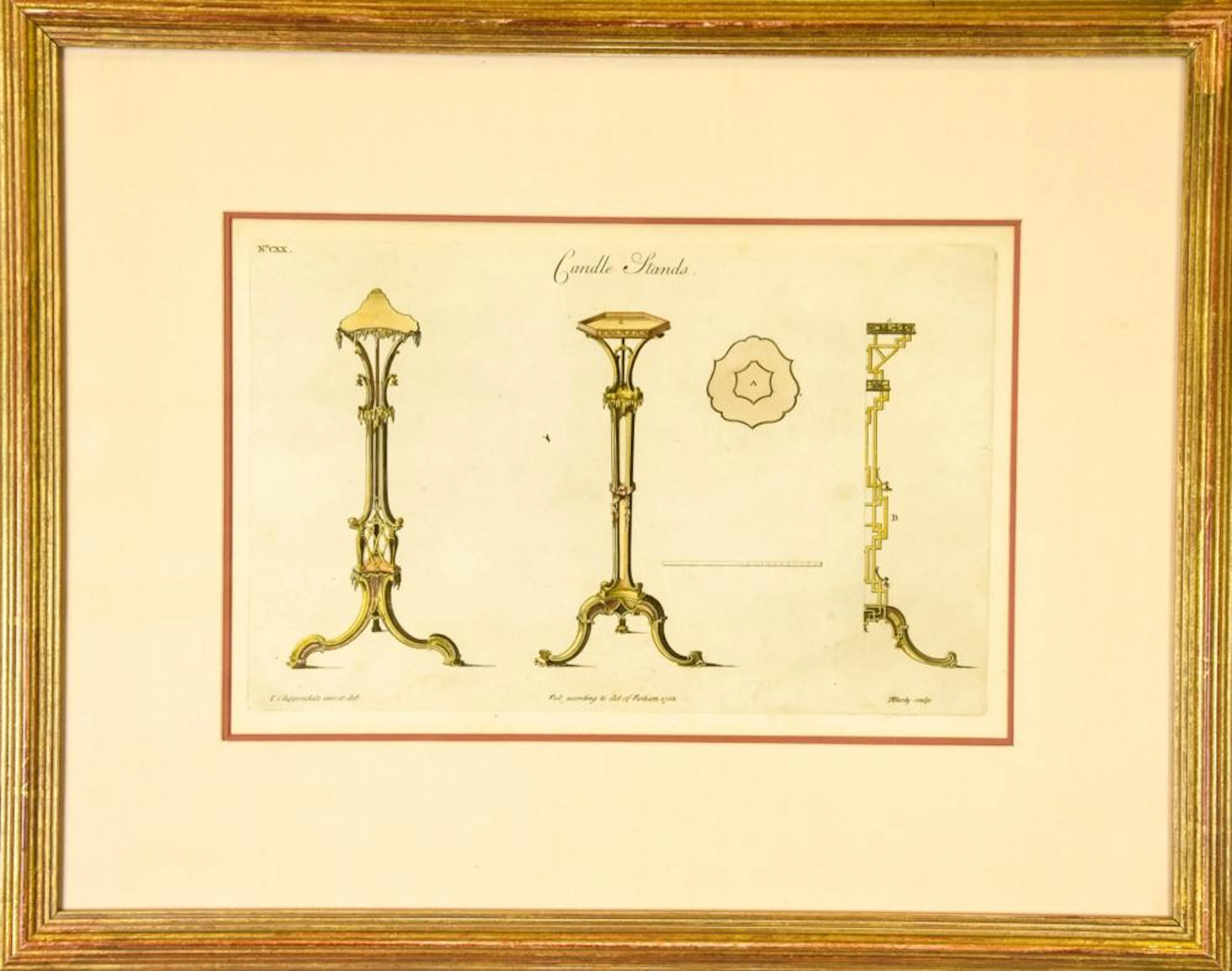Antique Framed Chippendale Engraving Candle Stands