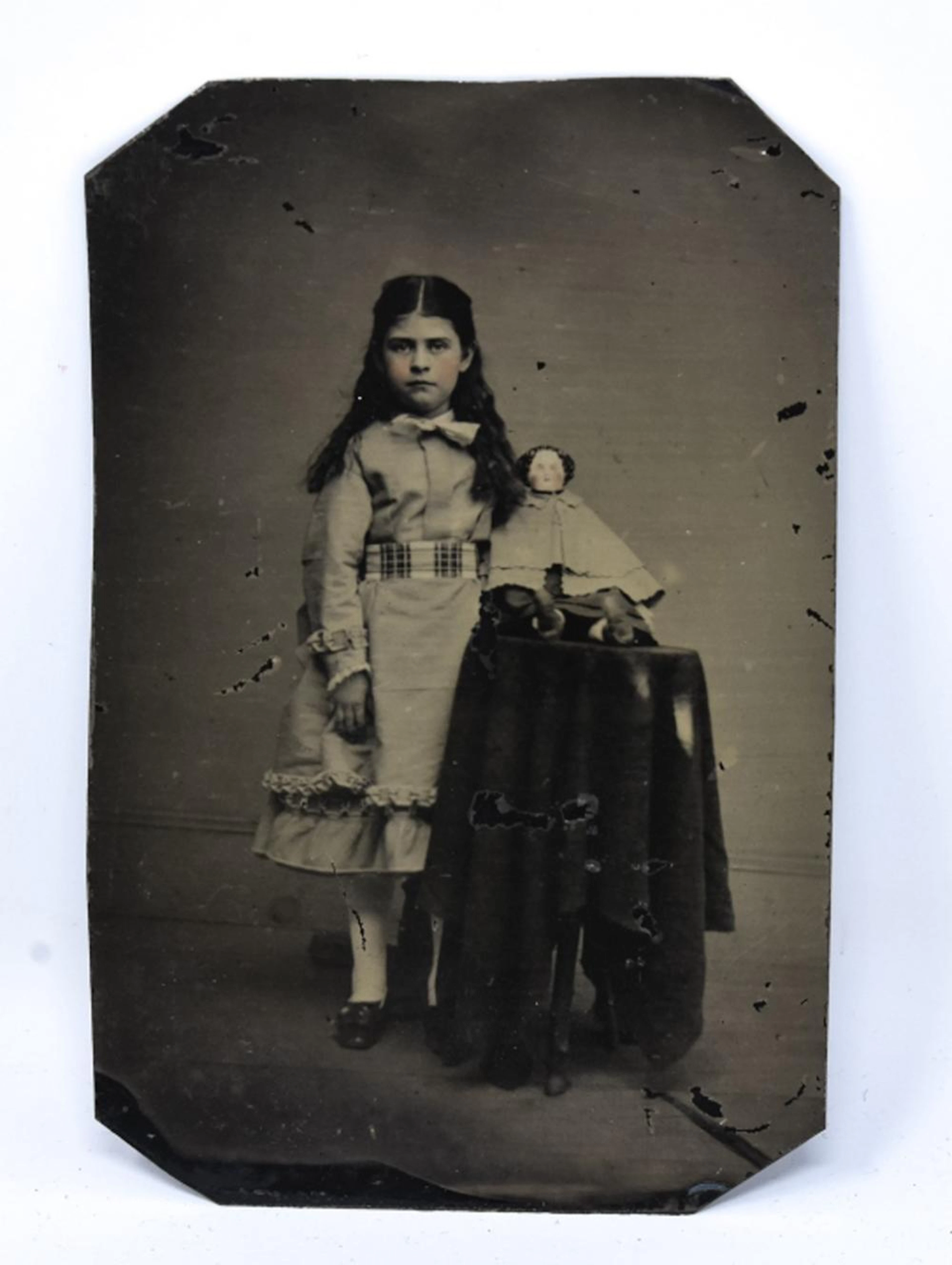 Antique 19th C Tin Type Photo Girl w China Doll
