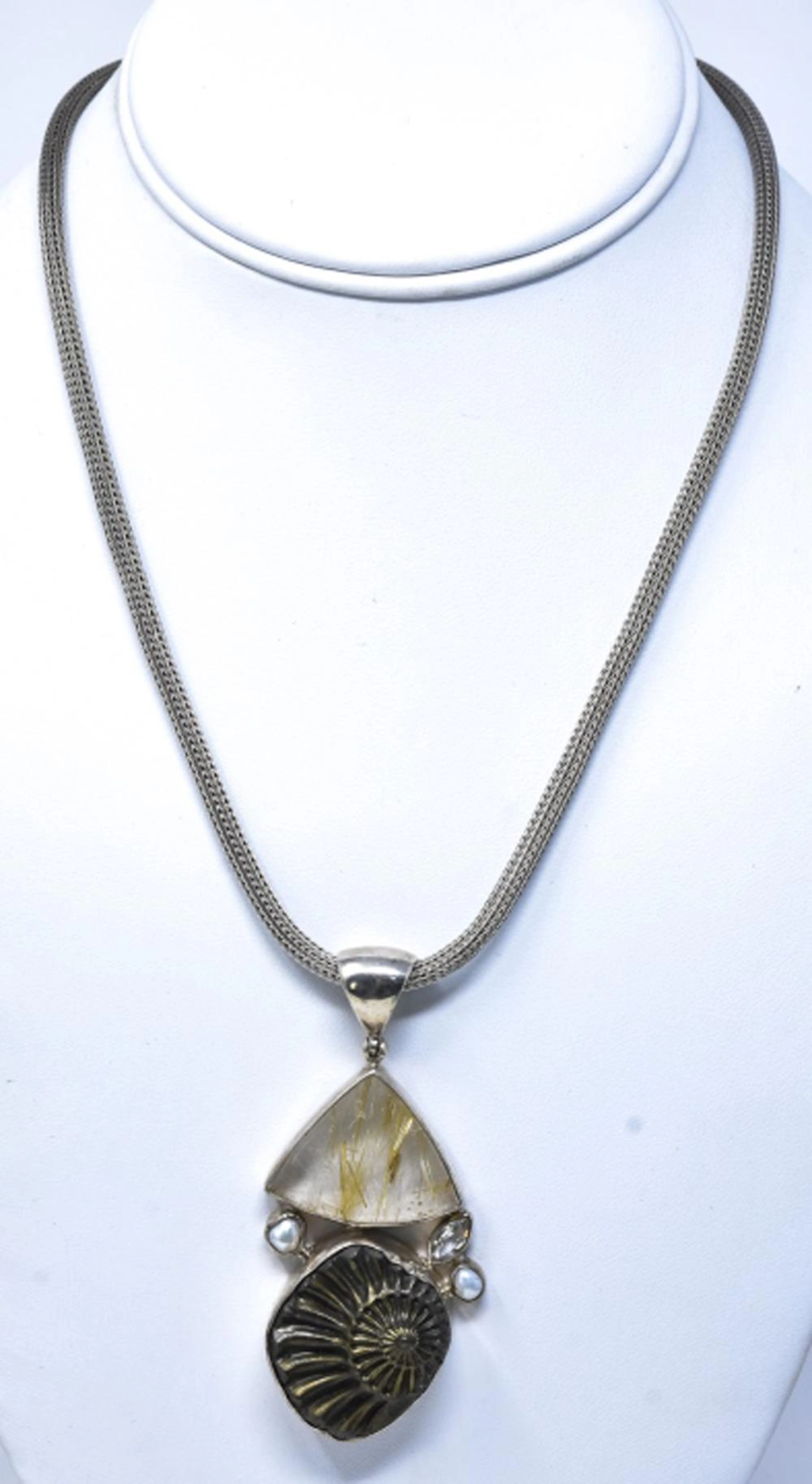 Handmade Ammonite White Topaz Pearl Pendant