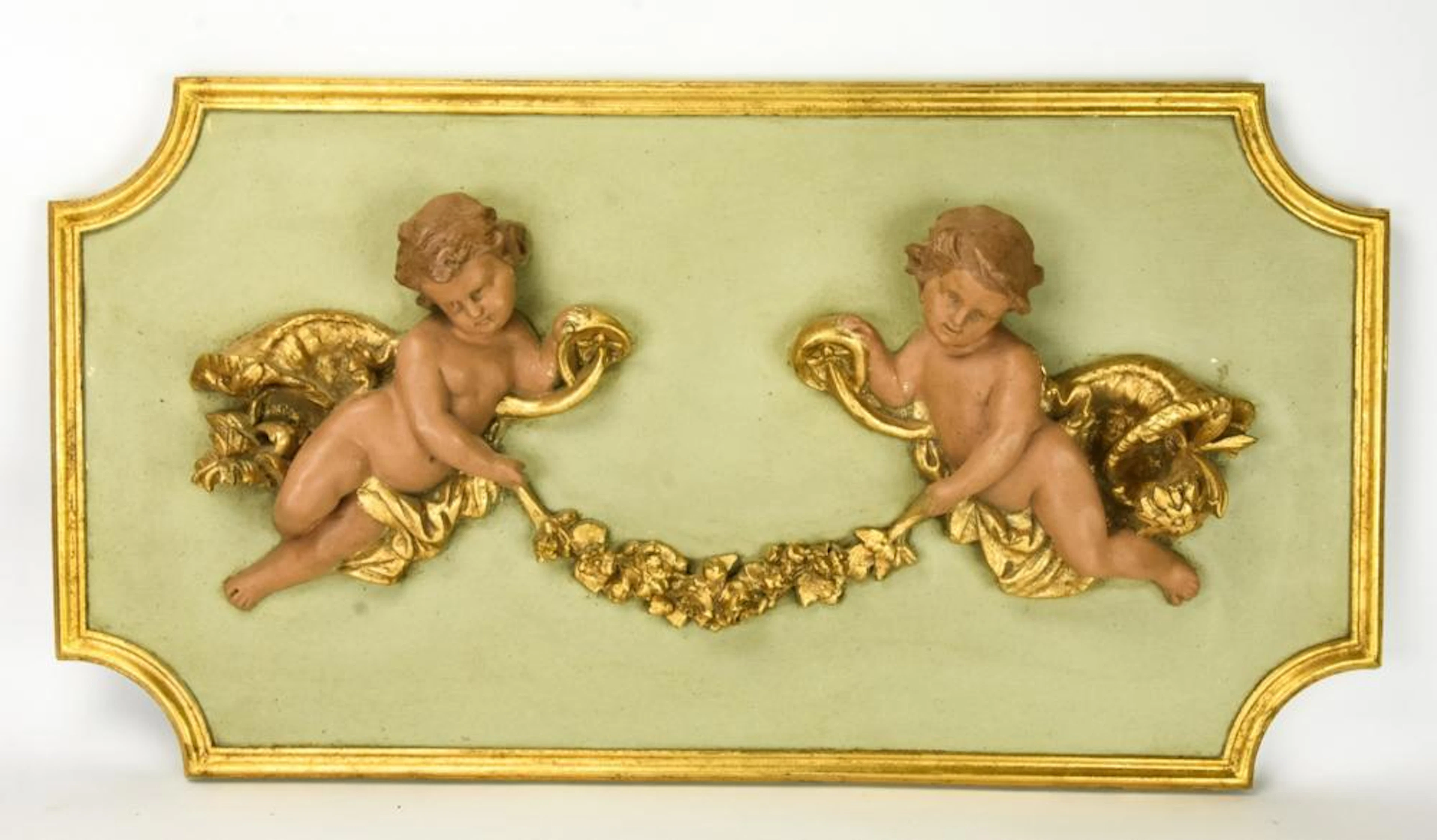 Cast Plaster Hand Painted Hanging Cherub Plaque