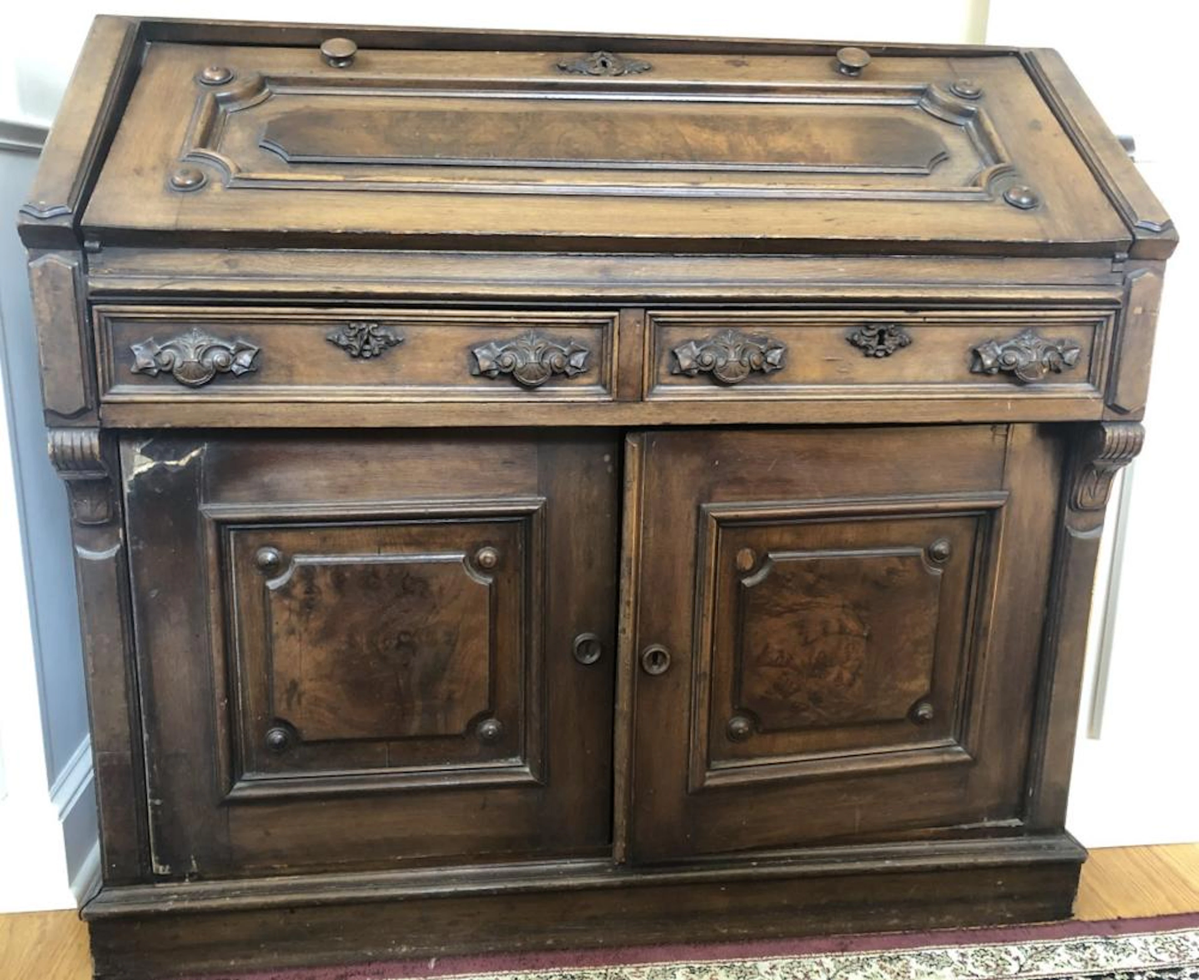 19th C Victorian Carved Oak Slant Top Desk