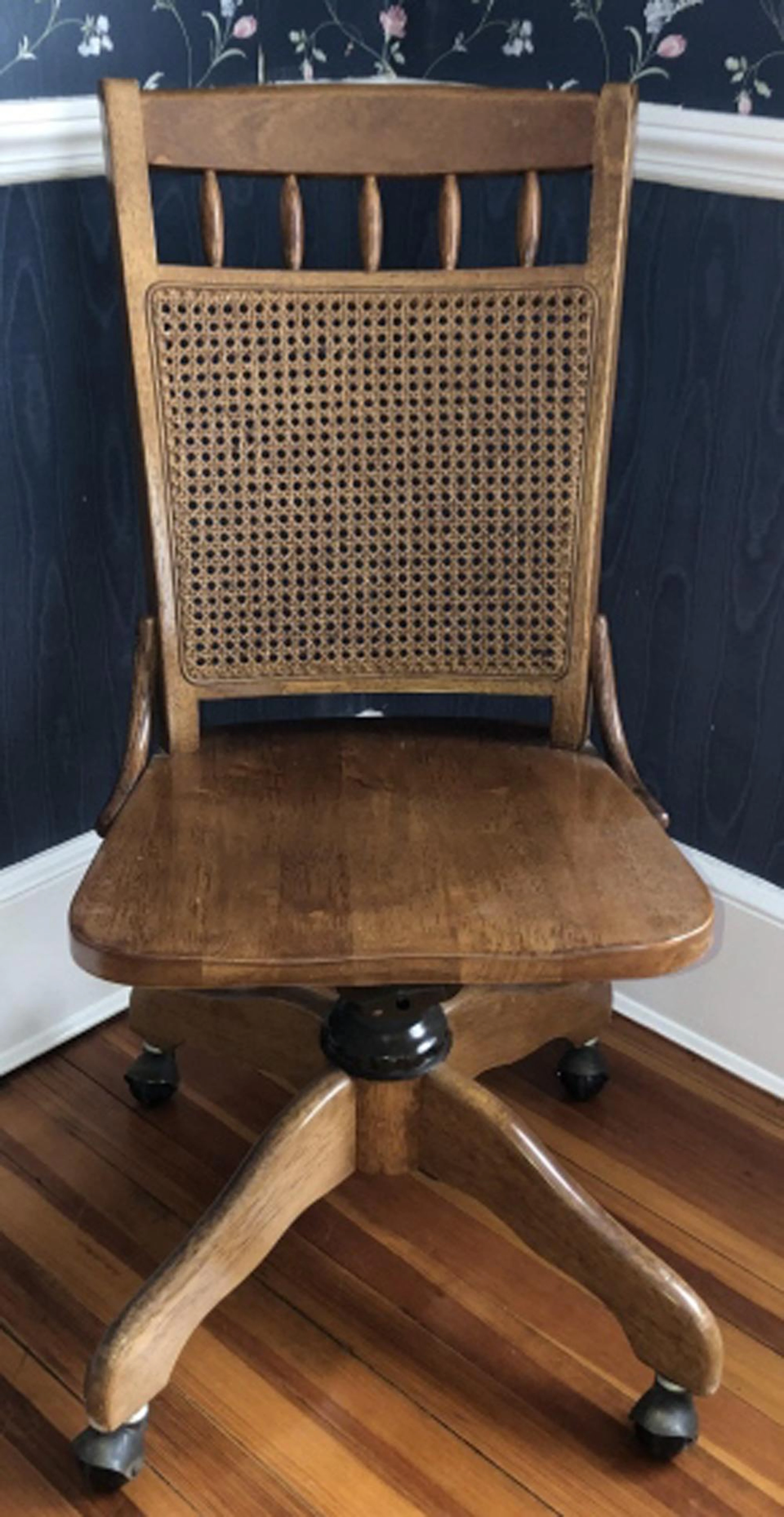 Mission Style Oak Carved & Caned Swivel Desk Chair