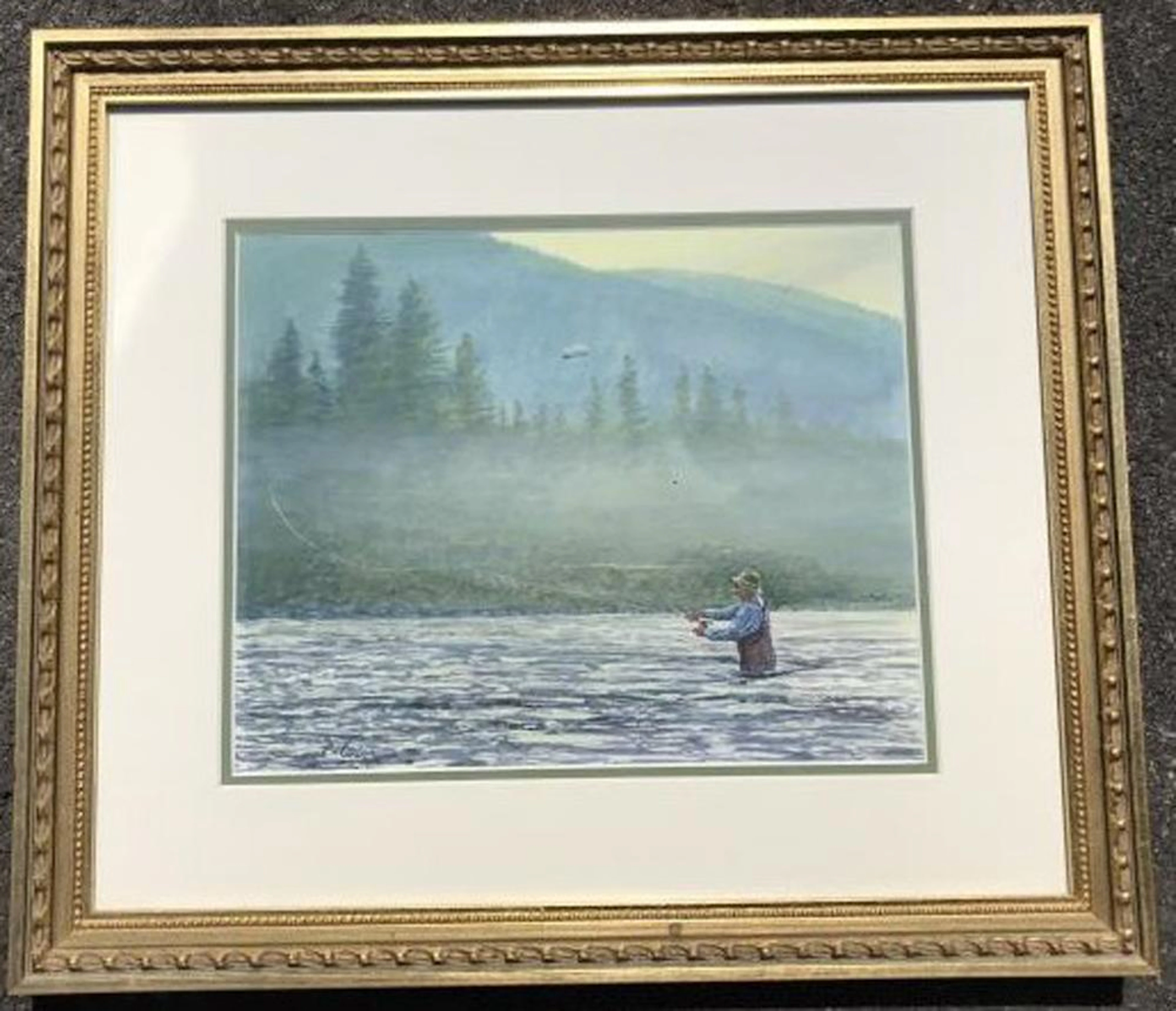 Framed Fly Fishing Scene Watercolor Painting